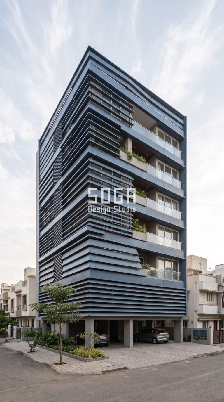 Facade Design in Pune & India 2026: Metal Facade Guide 2 Parametric Blade Screen steel-blue metal facade Pune - SOGA Design Studio
