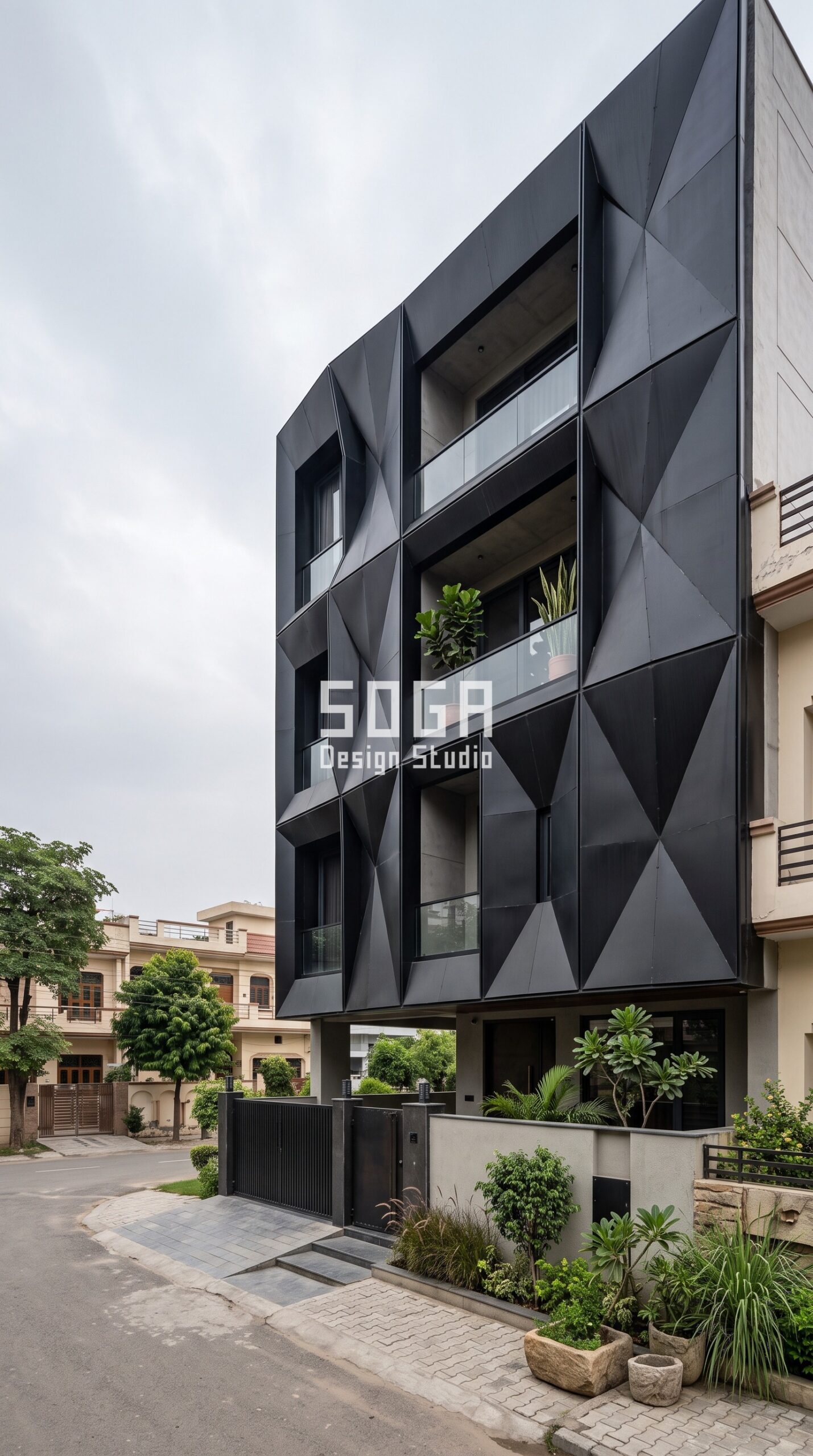 Facade Design in Pune & India 2026: Metal Facade Guide 4 Parametric Facet Grid jet-black metal facade Ludhiana - SOGA Design Studio