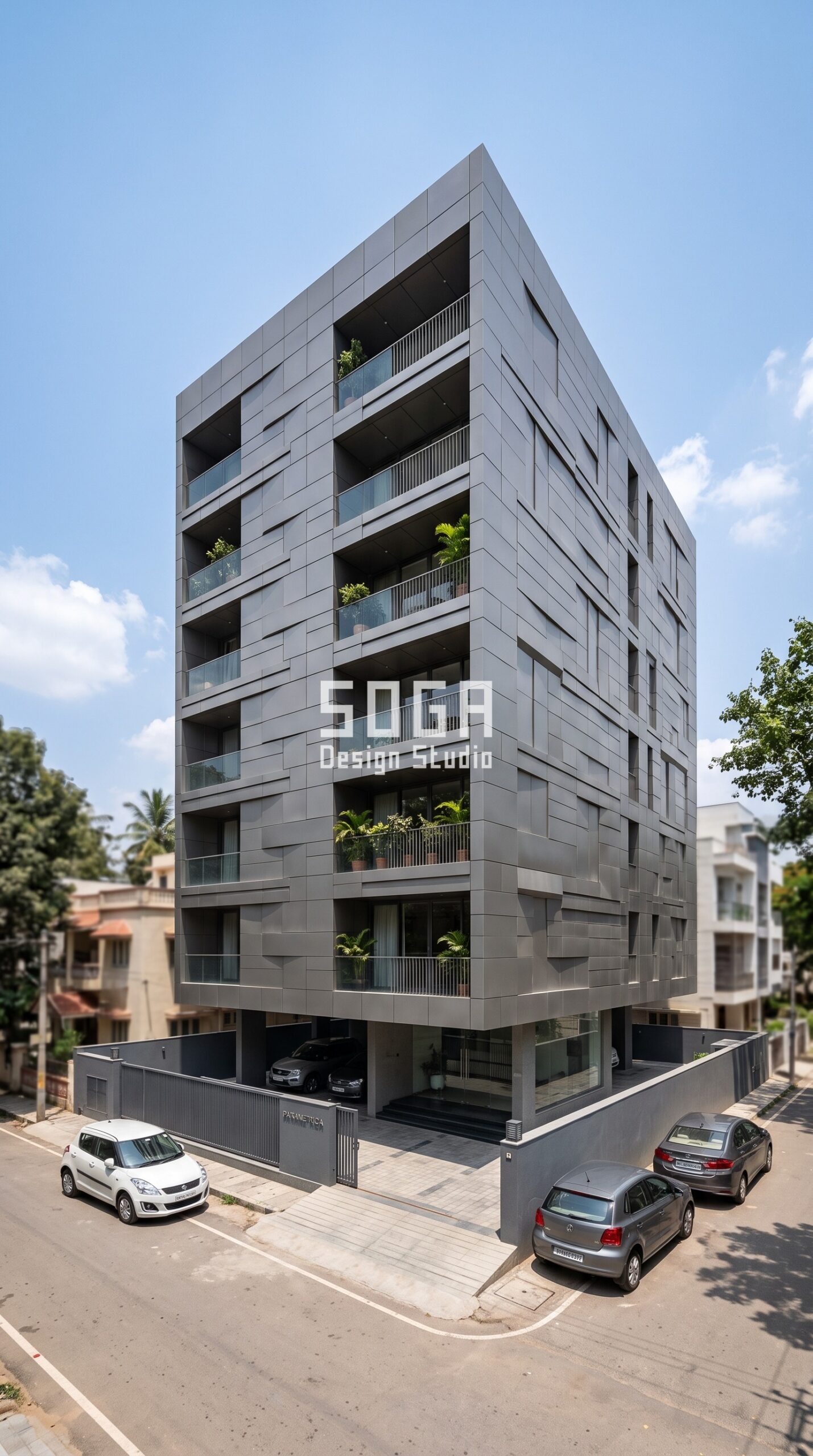 Facade Design in Pune & India 2026: Metal Facade Guide 5 Parametric Cantilever Pulse titanium-grey metal facade Bangalore - SOGA Design Studio