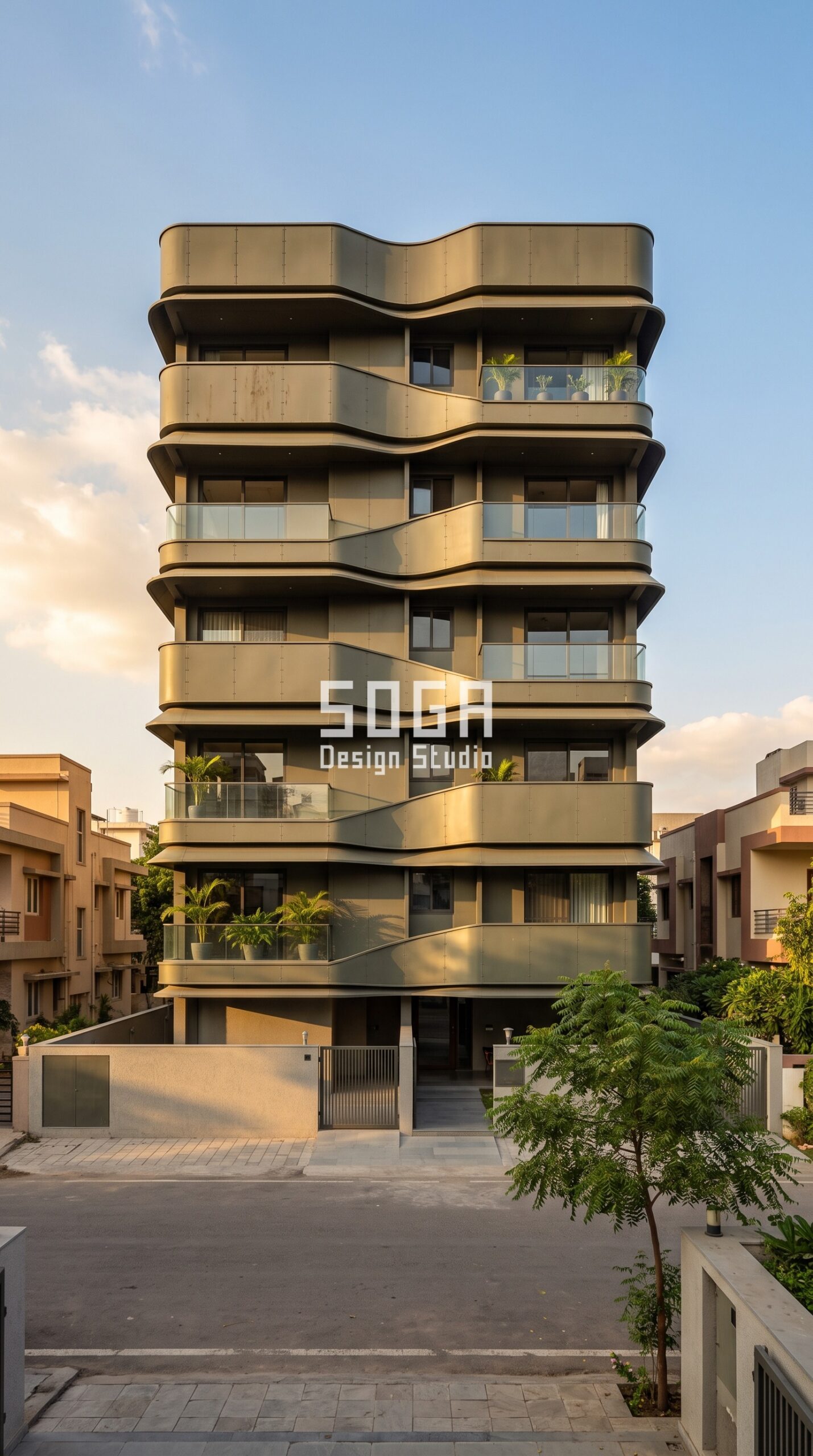 Facade Design in Pune & India 2026: Metal Facade Guide 6 Parametric Canopy Shell olive-drab metal facade Ahmedabad - SOGA Design Studio