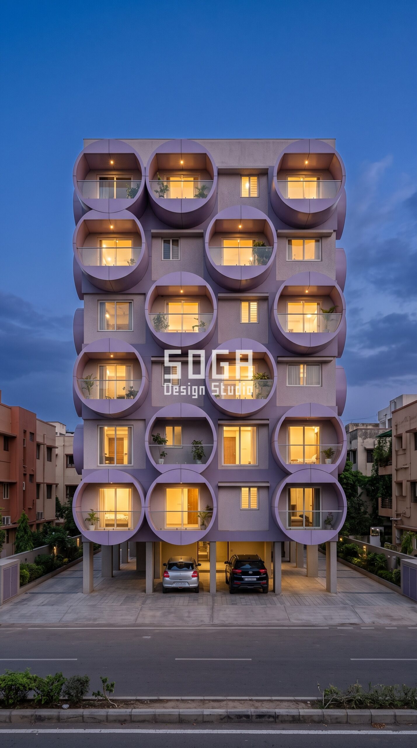 Facade Design in Ahmedabad & India 2026: Metal Facade Ideas 4 Parametric Pod Bay circular metal balcony facade Ahmedabad - SOGA Design Studio