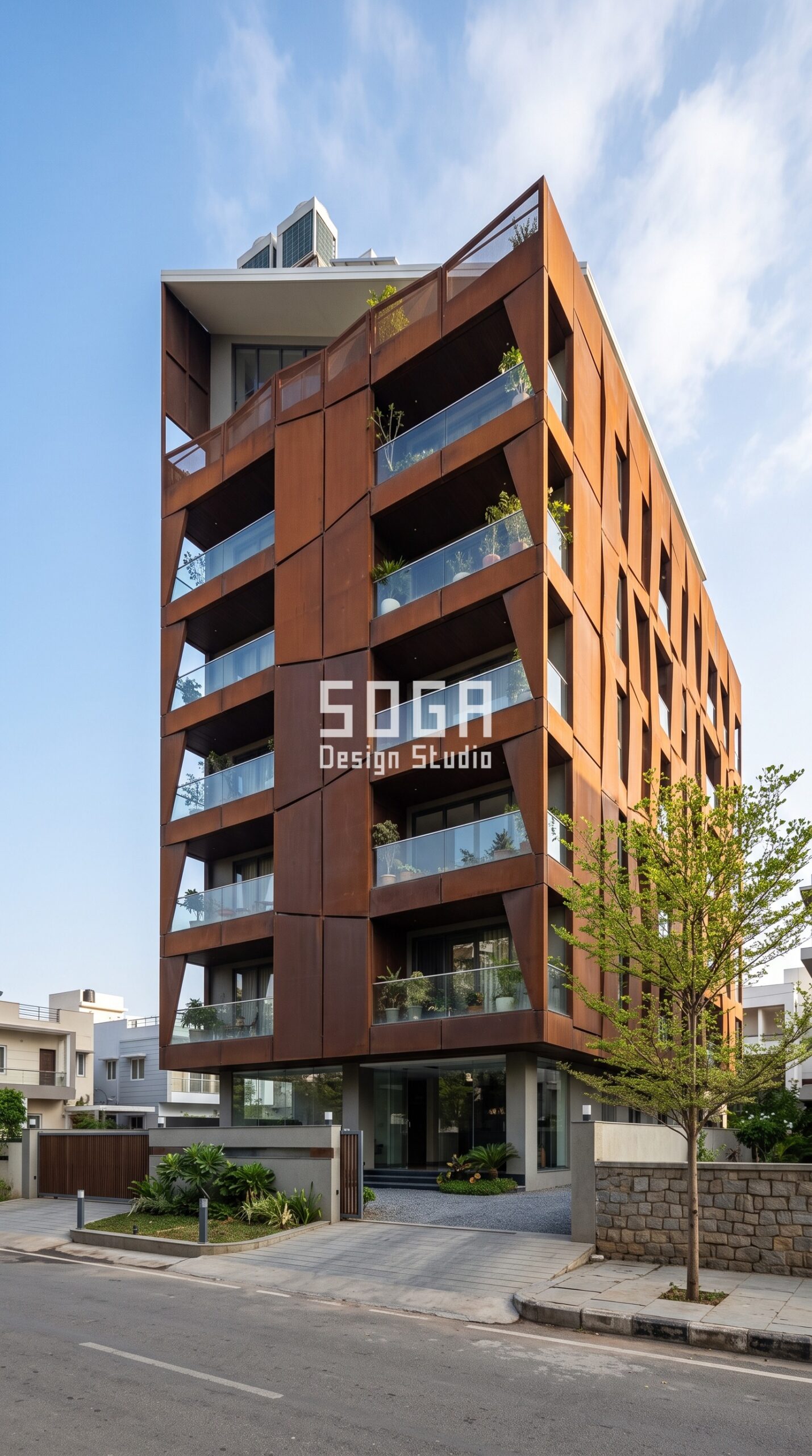 Facade Design in Ahmedabad & India 2026: Metal Facade Ideas 5 Parametric Braid Screen Corten steel facade Hyderabad - SOGA Design Studio