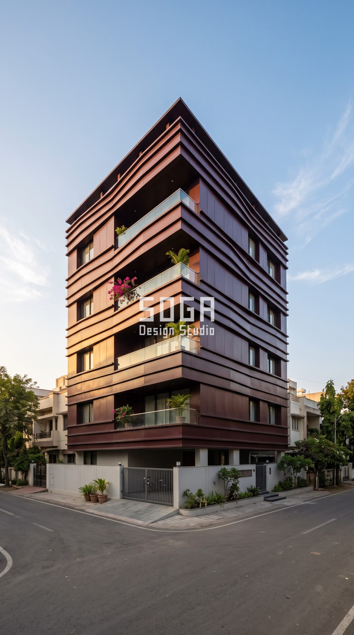 Facade Design in Ahmedabad & India 2026: Metal Facade Ideas 6 Parametric Ribbon Band deep red metal facade Surat - SOGA Design Studio