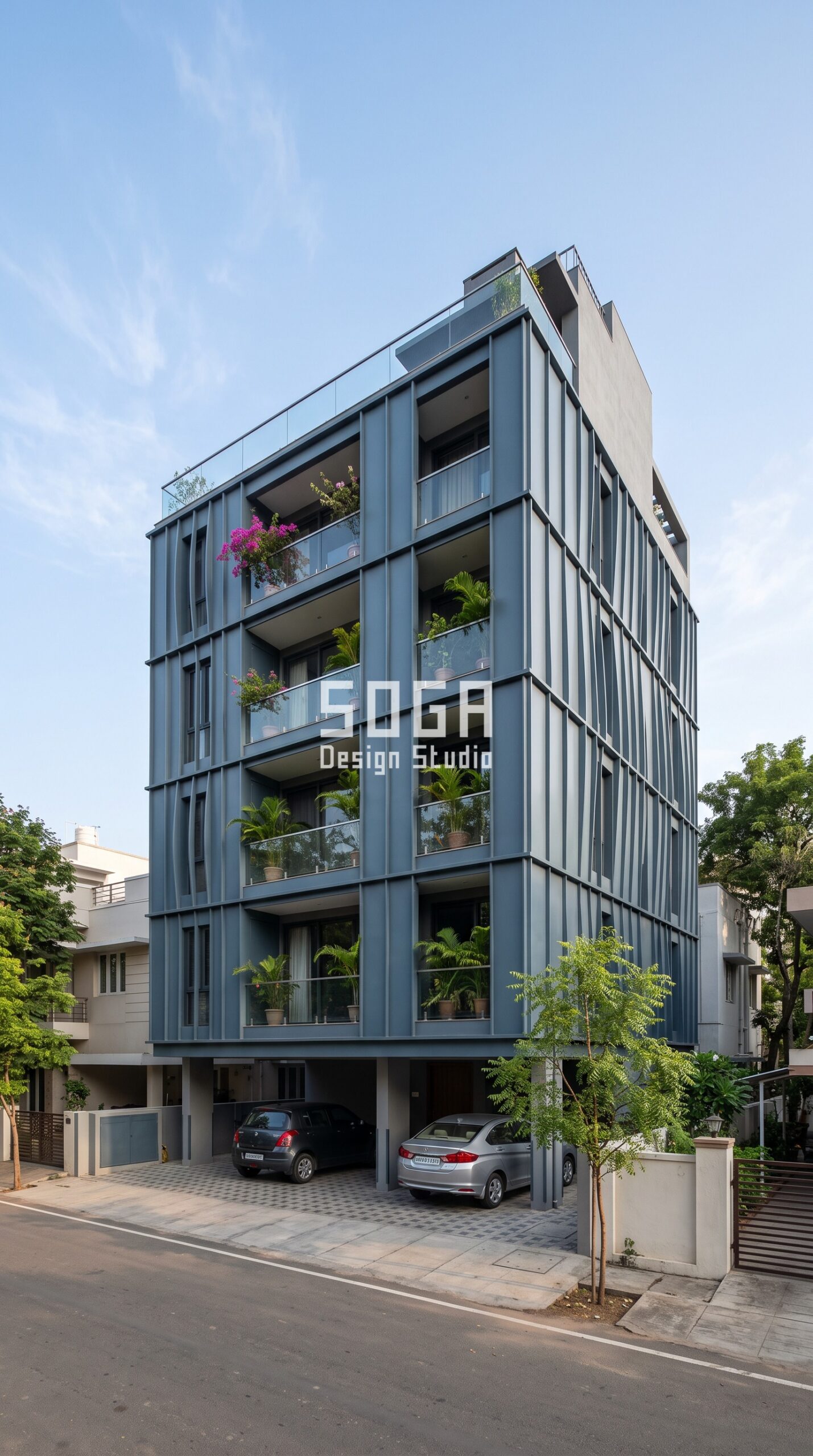 Parametric Metal Facade Design: Chennai & India 2026 1 Parametric Bow Rib facade with bowing vertical steel ribs, Chennai - SOGA Design Studio