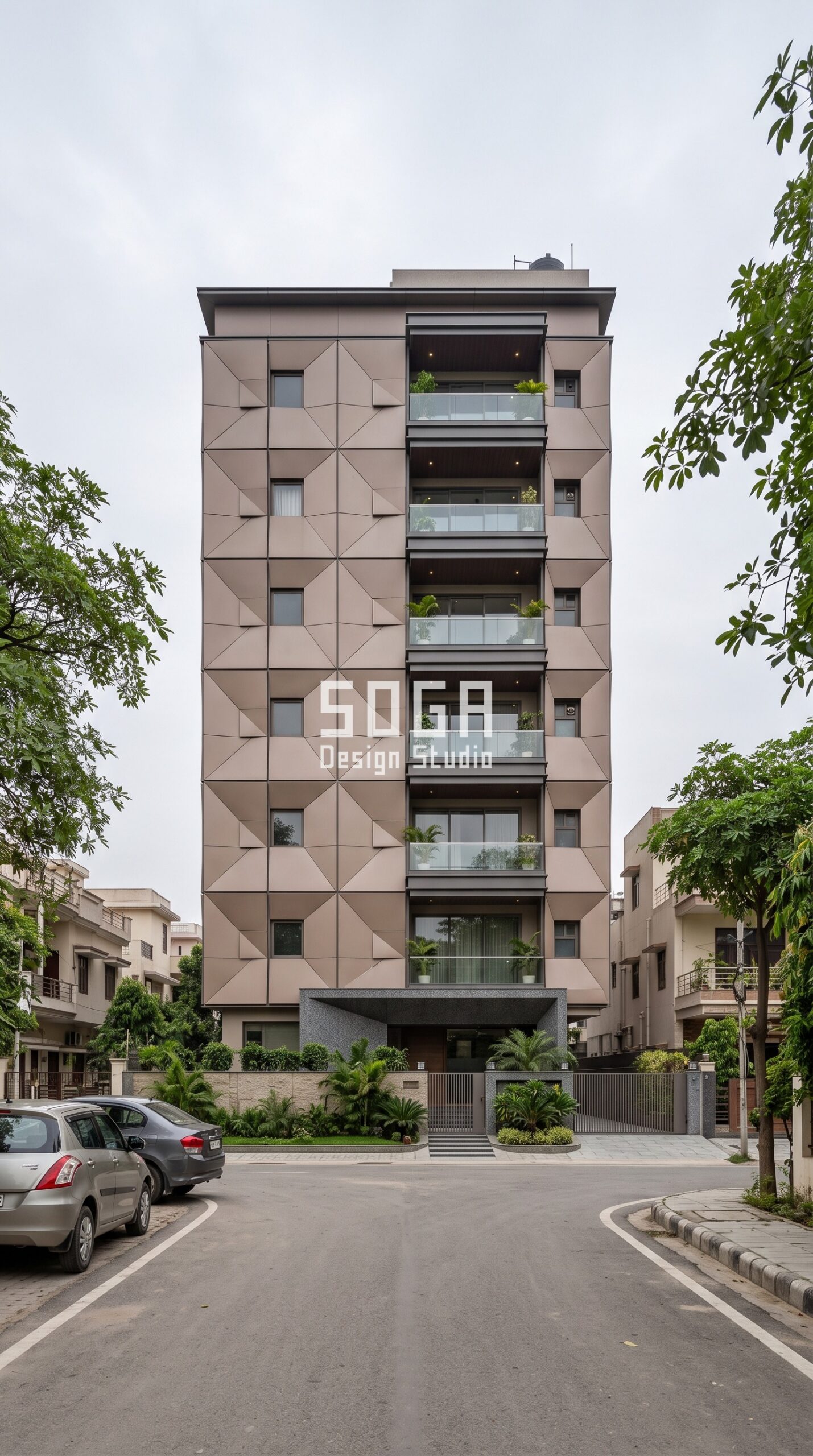 Parametric Metal Facade Design: Chennai & India 2026 4 Parametric Pinwheel Facet facade with rotated pale brown metal panels, Lucknow - SOGA Design Studio