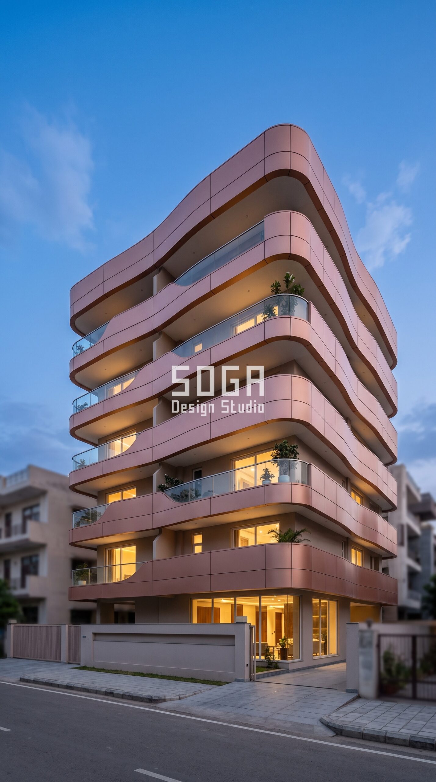 Parametric Metal Facade Design: Chennai & India 2026 5 Parametric Swell Band facade with swelling rose gold anodized bands, Gurugram - SOGA Design Studio