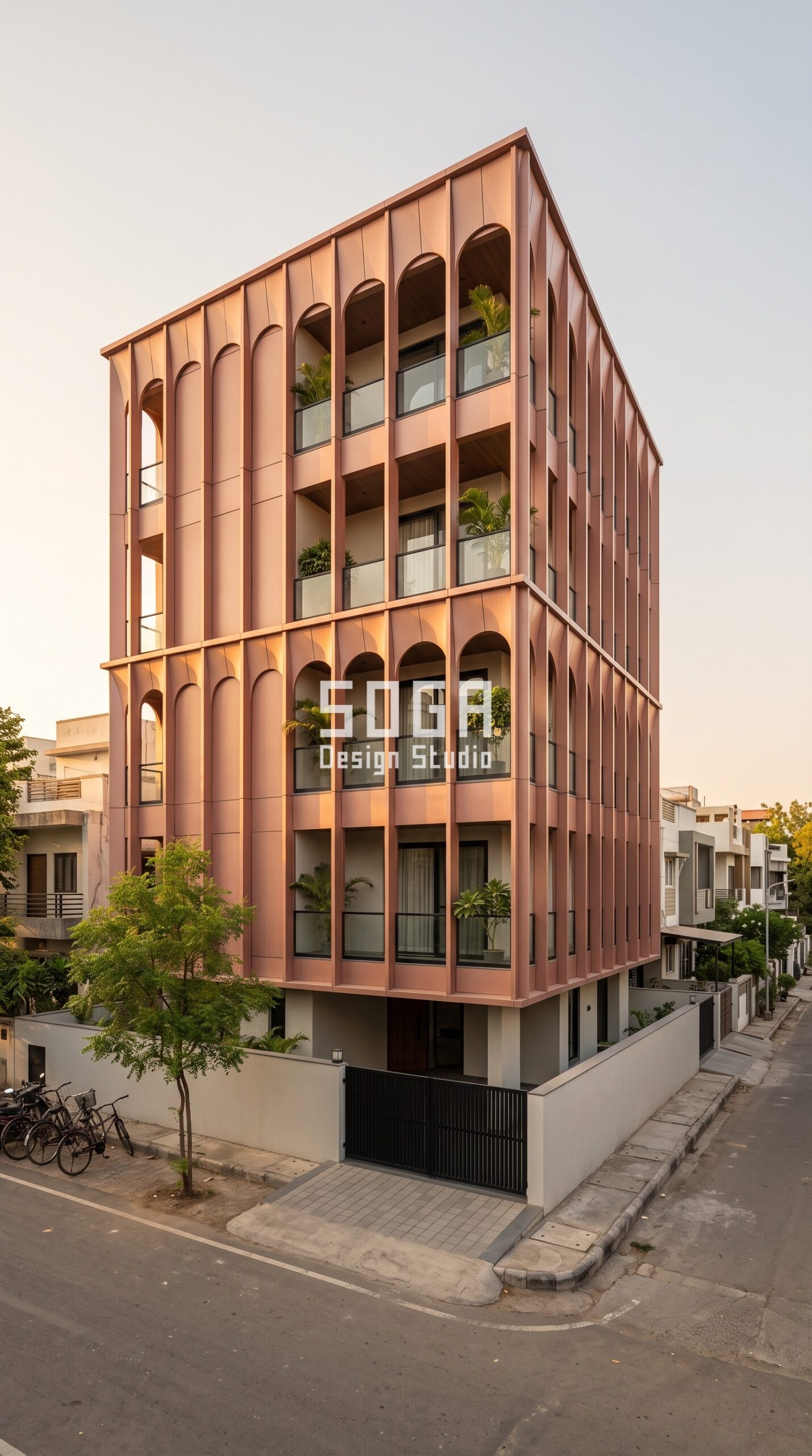 Parametric Metal Facade Design: Chennai & India 2026 6 Parametric Arcade Colonnade facade with rose gold metal arches, Ahmedabad - SOGA Design Studio