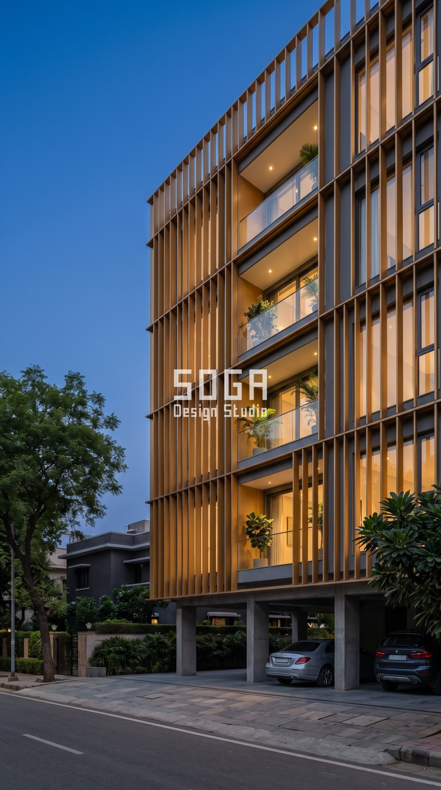 Facade Design in New Delhi & India 2026: Metal Guide 1 Parametric Reed Screen matte warm amber gold anodized aluminum panels facade New Delhi - SOGA Design Studio