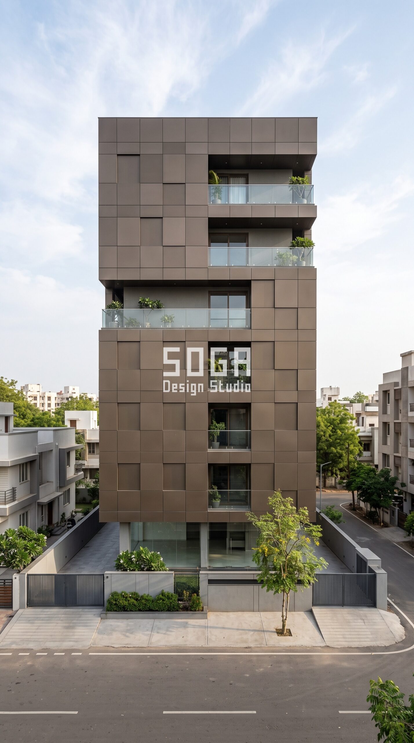 Facade Design in New Delhi & India 2026: Metal Guide 5 gradated vertical metal strip parametric facade New Delhi - SOGA Design Studio
