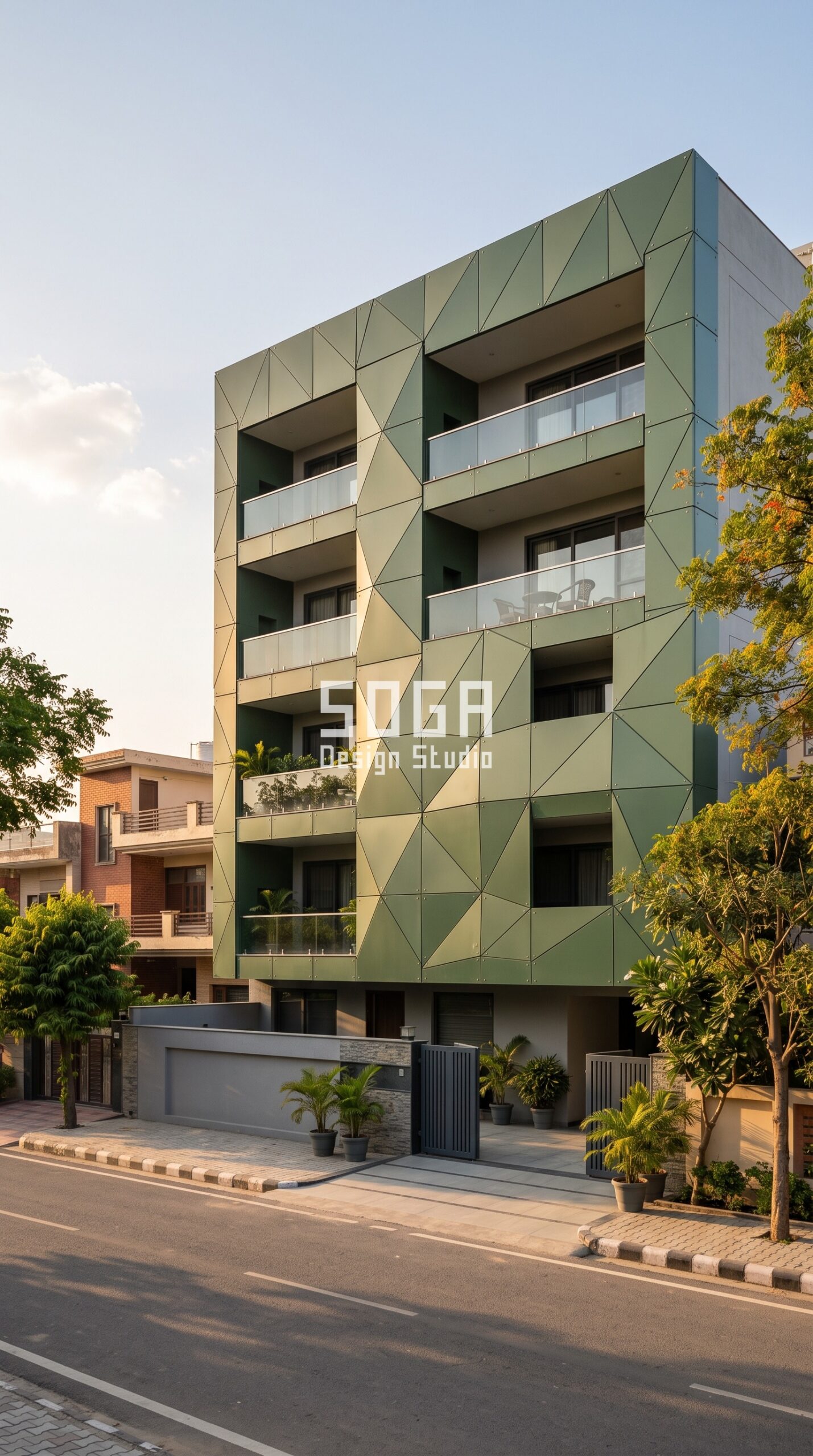 Facade Design in New Delhi & India 2026: Metal Guide 6 gradated vertical metal strip parametric facade New Delhi - SOGA Design Studio