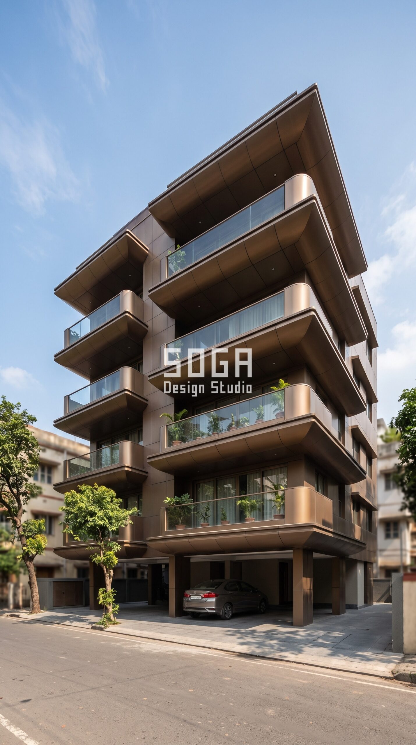 Facade Design in Kolkata & India 2026: Parametric Guide 1 Parametric Wing Ledge cantilevered bronze balcony facade, Alipore, Kolkata - SOGA Design Studio