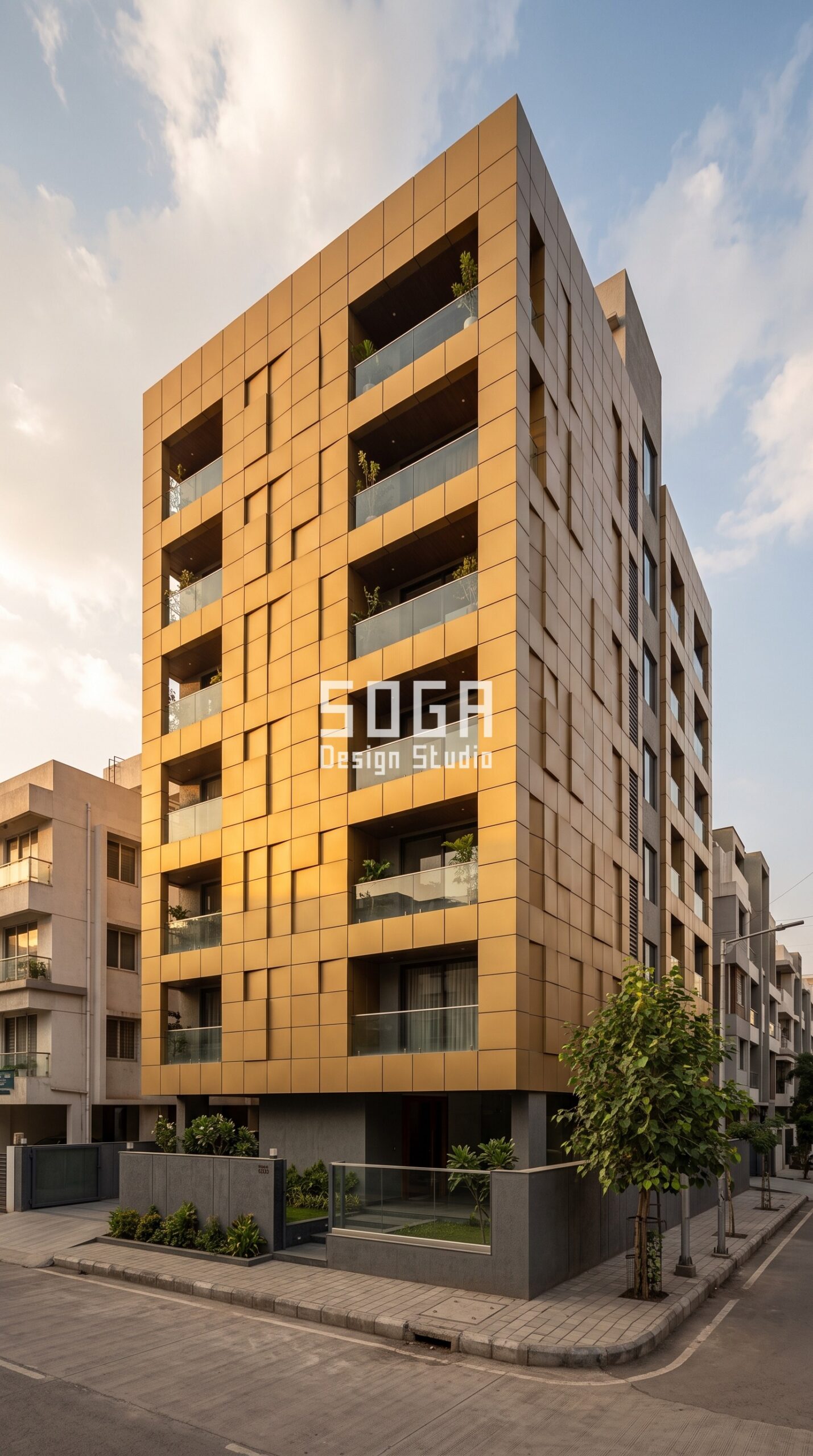 Facade Design in Kolkata & India 2026: Parametric Guide 4 Parametric Mosaic Pulse amber gold metal tile cassette facade, Baner, Pune - SOGA Design Studio