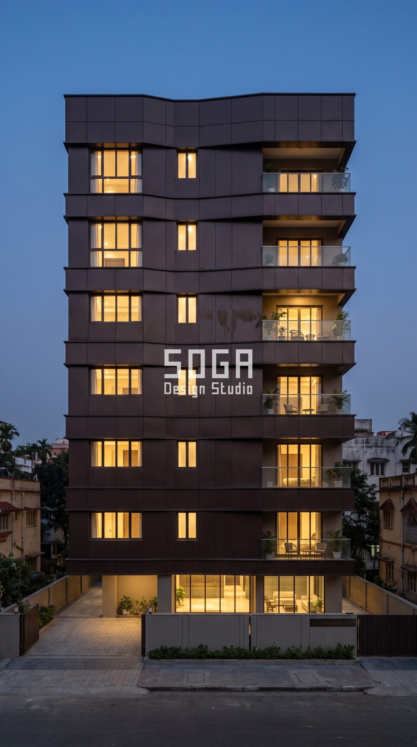 Facade Design in Kolkata & India 2026: Parametric Guide 5 Parametric Crest Shell espresso brown oxidized steel band facade, Ballygunge, Kolkata - SOGA Design Studio