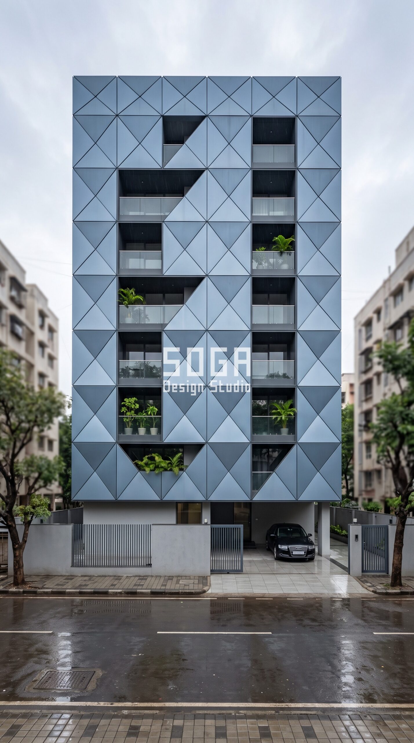Facade Design in Kolkata & India 2026: Parametric Guide 6 Parametric Delta Grid steel blue triangular panel facade, Kalyani Nagar, Pune - SOGA Design Studio