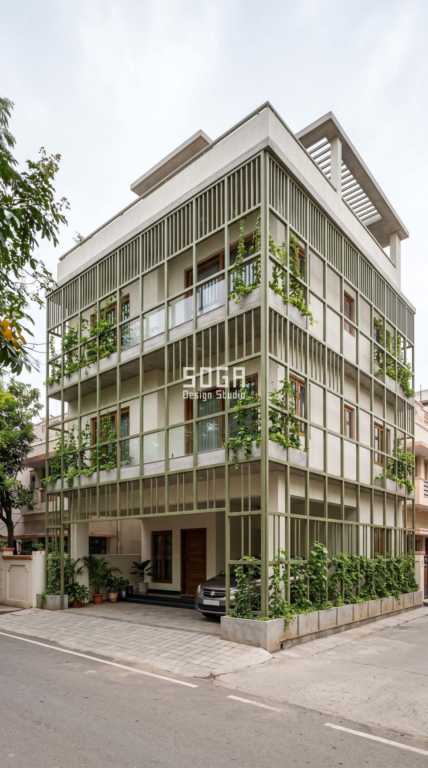 House Facade Design in India 2026: 8 Parametric Ideas 3 Parametric Trellis Grid olive-green steel planted house facade Bangalore - SOGA Design Studio