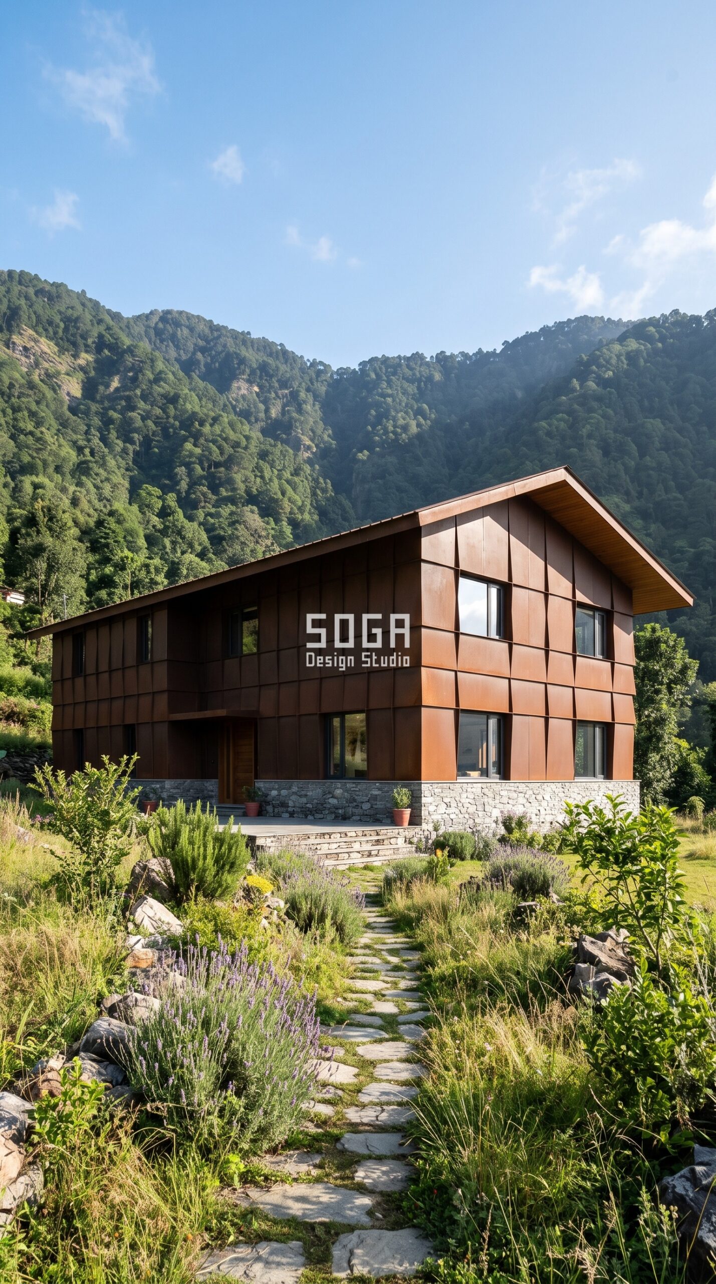 House Facade Design in India 2026: 8 Parametric Ideas 7 Parametric Eave Fold weathering steel farmhouse facade Dehradun - SOGA Design Studio