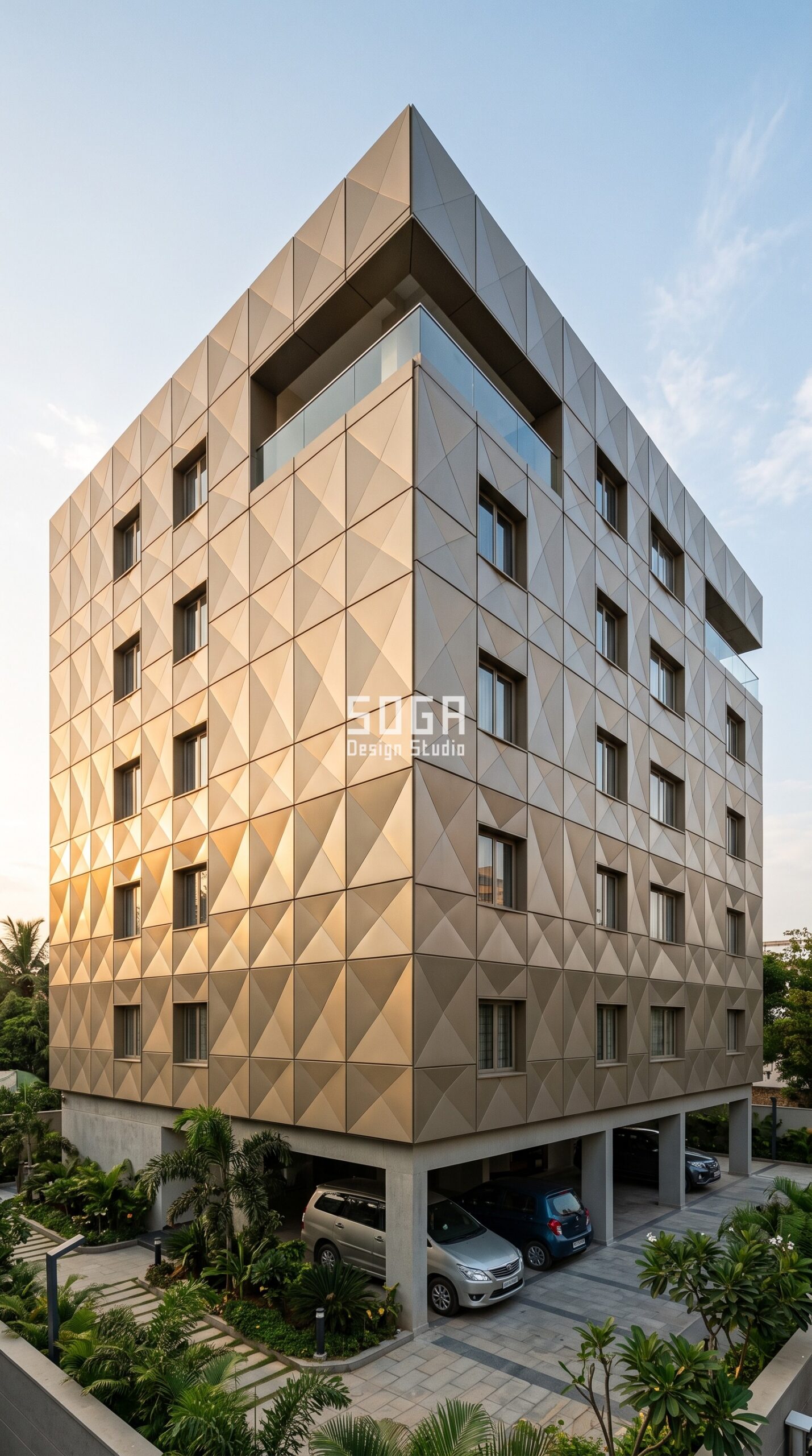 House Facade Design in India 2026: 8 Parametric Ideas 8 Parametric Diamond Facet champagne-bronze aluminium apartment facade Hyderabad - SOGA Design Studio