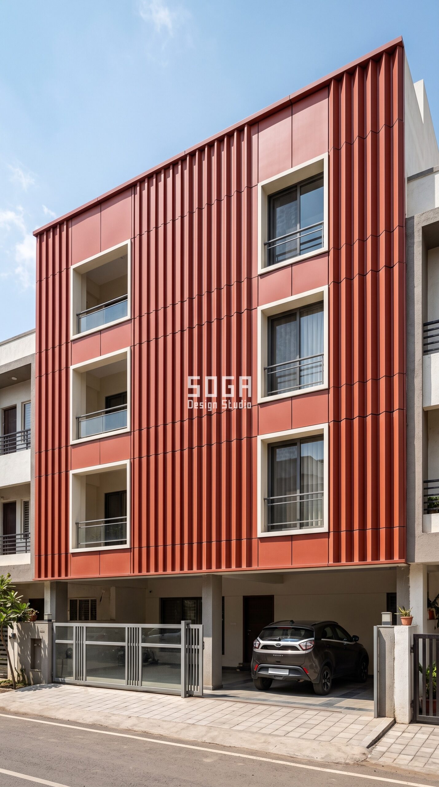 House Facade Design in India 2026: 8 Parametric Ideas 5 Parametric Corrugation Wave terracotta-red aluminium row house facade Indore - SOGA Design Studio