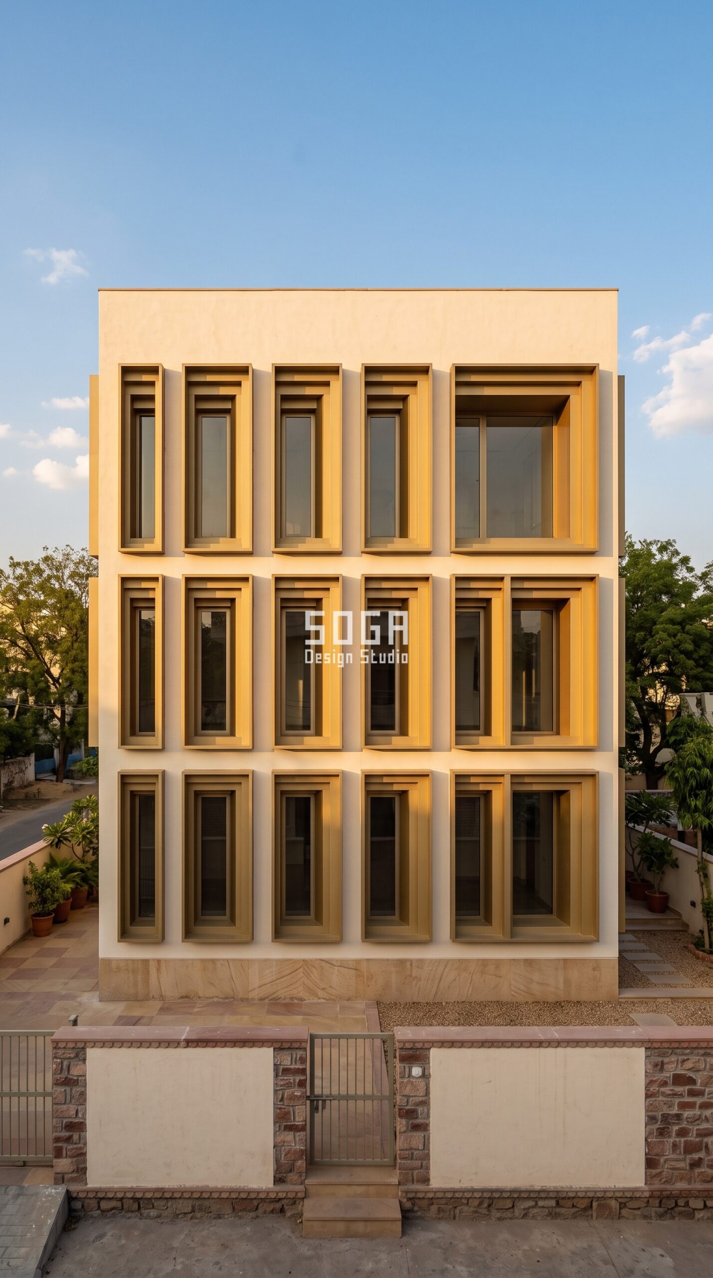 House Facade Design in India 2026: 8 Parametric Ideas 2 Parametric Step Reveal sand-gold aluminium villa facade Jaipur - SOGA Design Studio