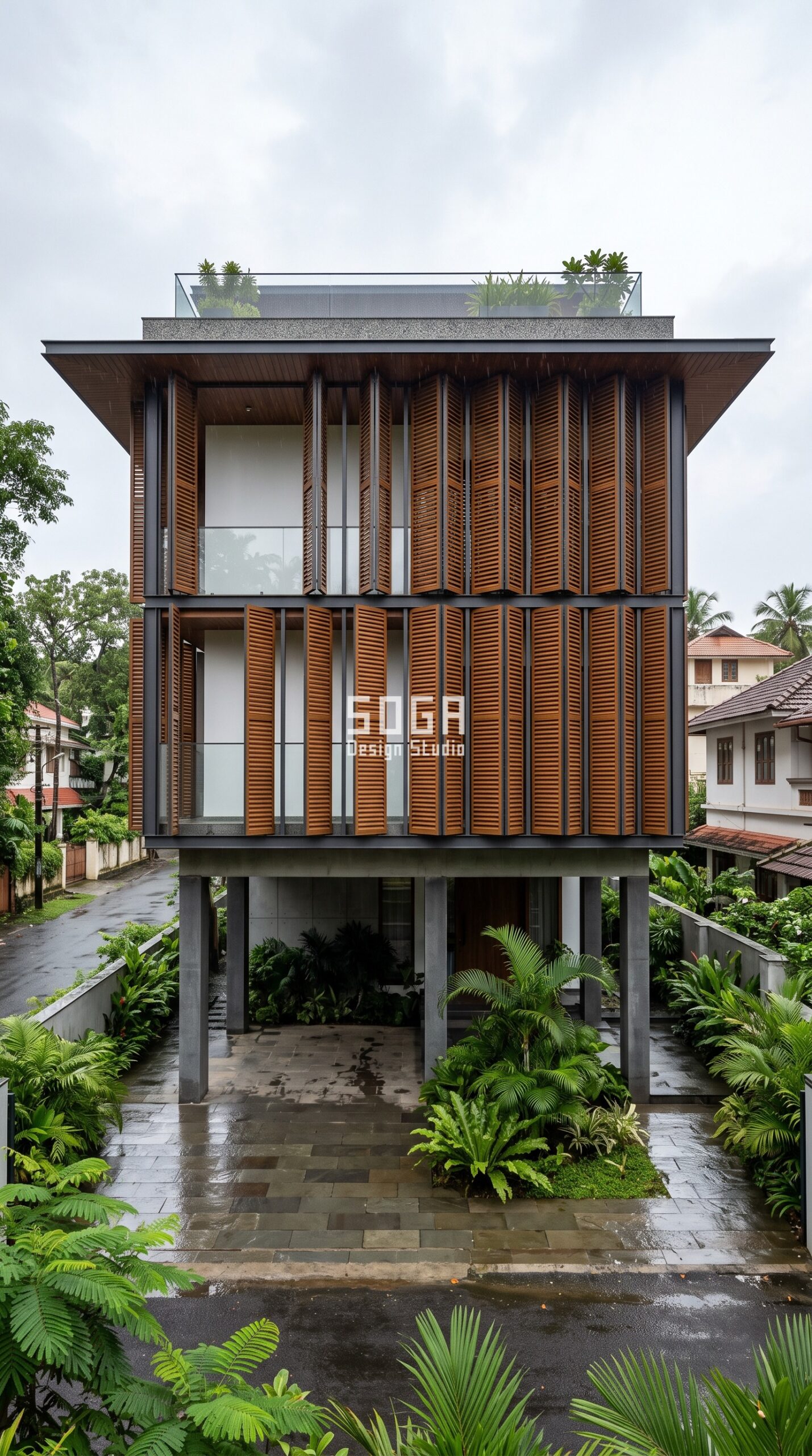 House Facade Design in India 2026: 8 Parametric Ideas 4 Parametric Shutter Bay teak-toned aluminium villa facade Kochi - SOGA Design Studio