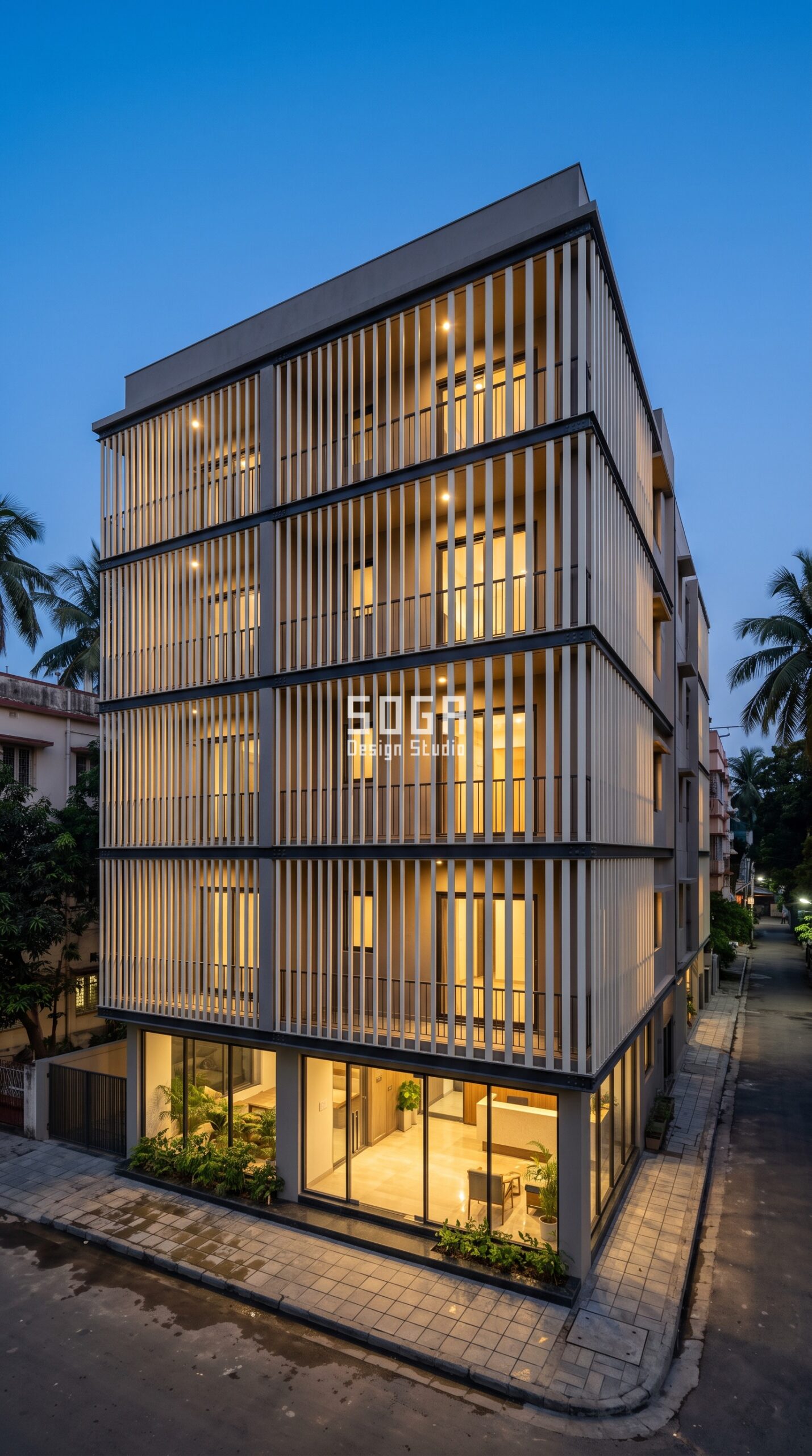 House Facade Design in India 2026: 8 Parametric Ideas 6 Parametric Verandah Screen ivory aluminium apartment facade Kolkata - SOGA Design Studio