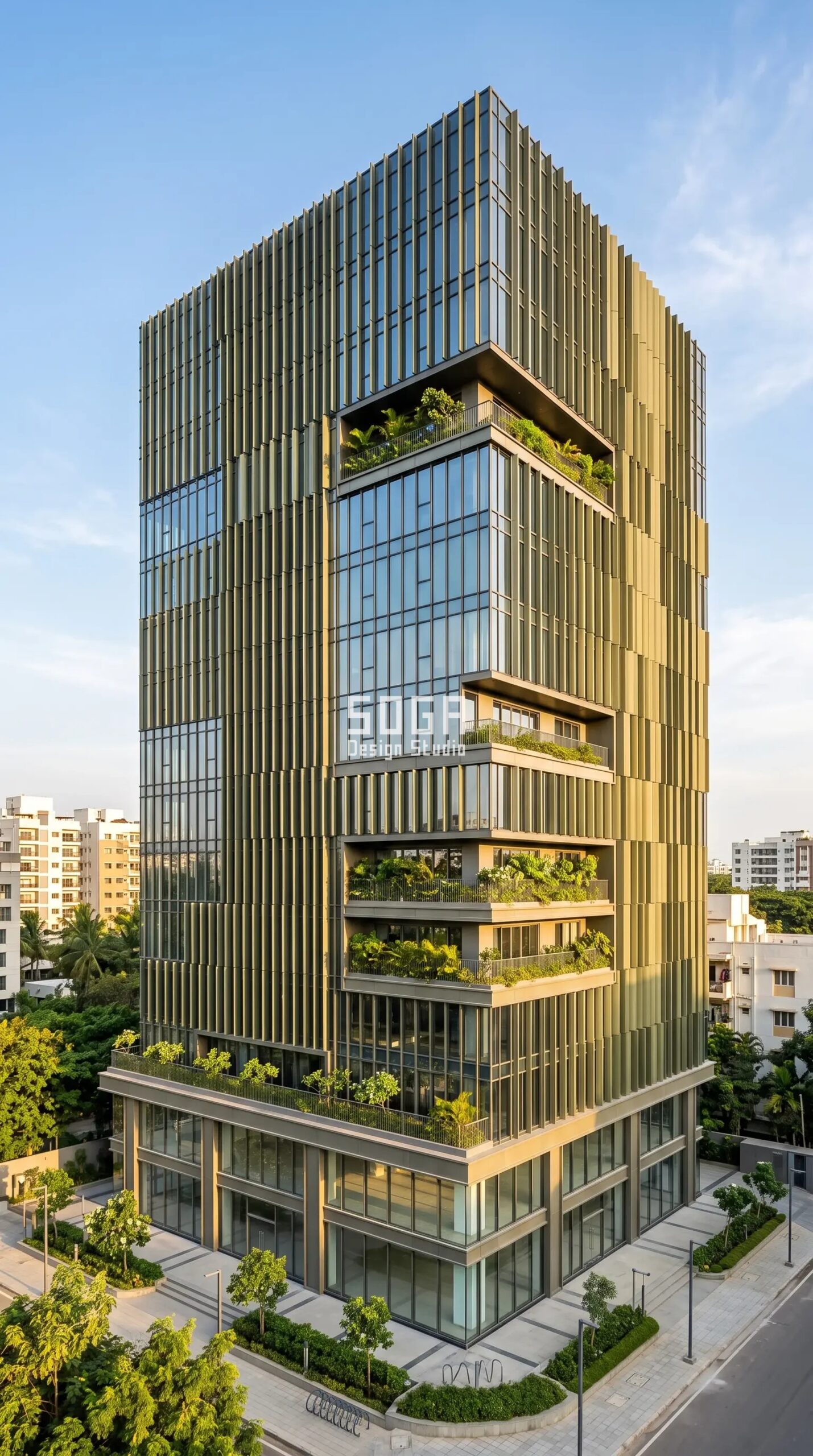 Parametric Sky-Terrace Fin bronze-green aluminium mixed-use commercial facade Bangalore - SOGA Design Studio