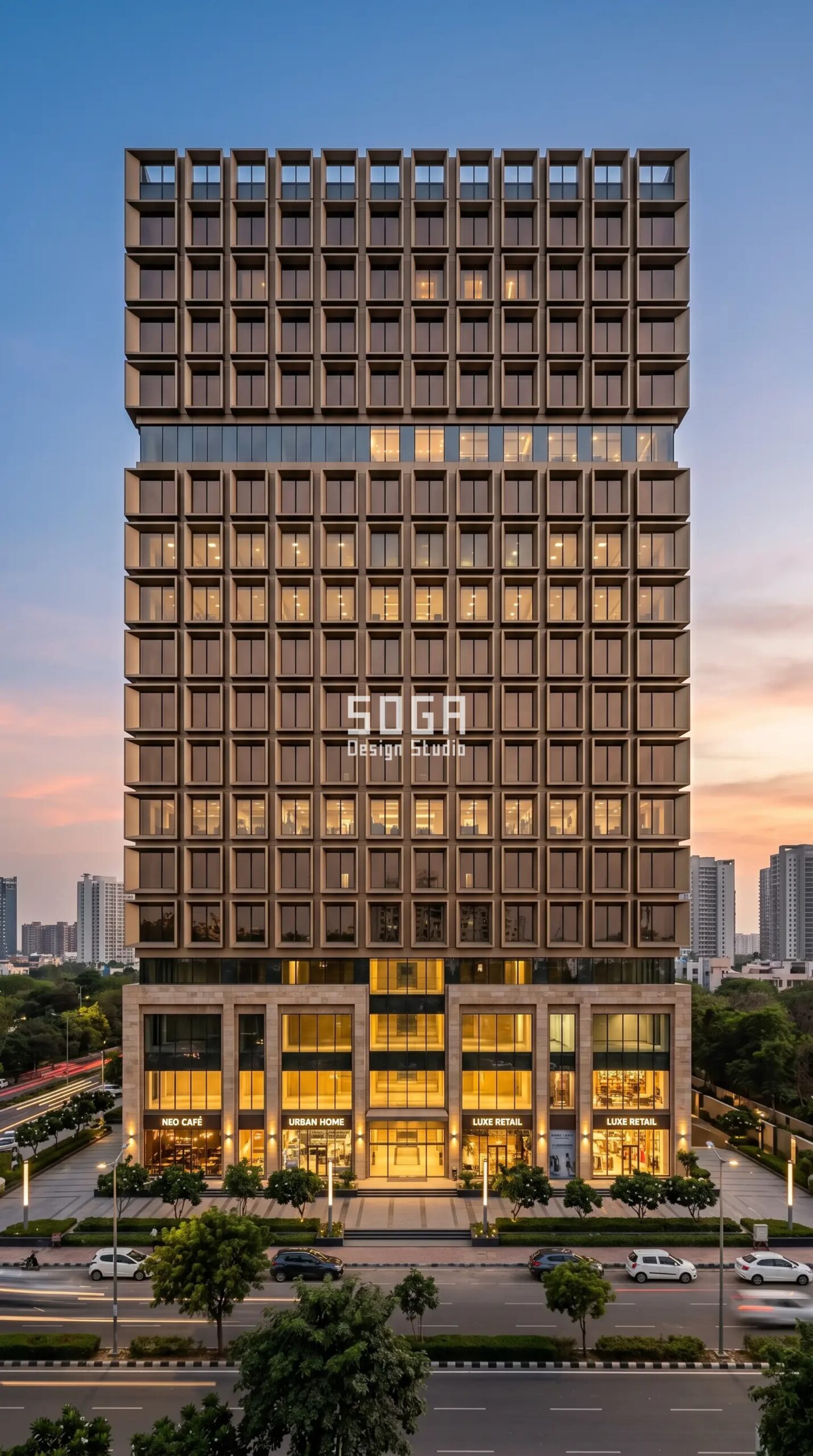 Mixed-Use Commercial Facade Design India 2026 Guide 3 Parametric Shadow-Box Grid champagne-bronze aluminium mixed-use commercial facade Gurugram - SOGA Design Studio