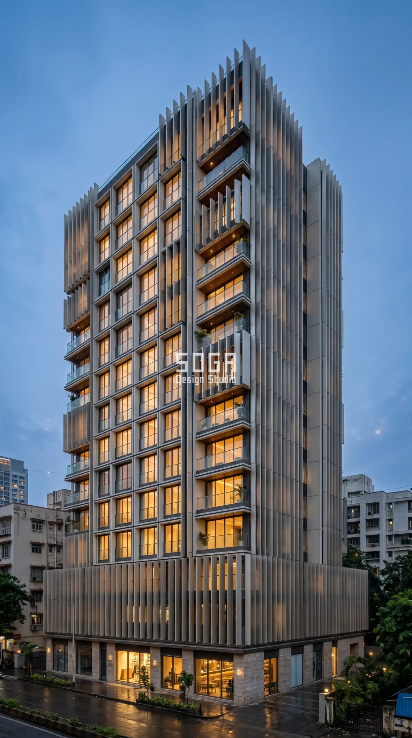 Parametric Blade Stack silver-champagne aluminium mixed-use commercial facade Mumbai - SOGA Design Studio