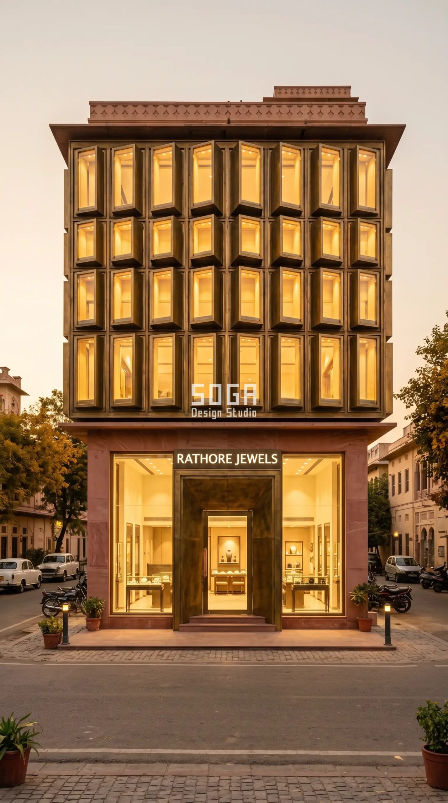 Luxury Jewellery Showroom Facade Design India 2026 4 Rathore Jewels Parametric Jewel-Box Frame antique-brass jewellery showroom facade Jaipur - SOGA Design Studio