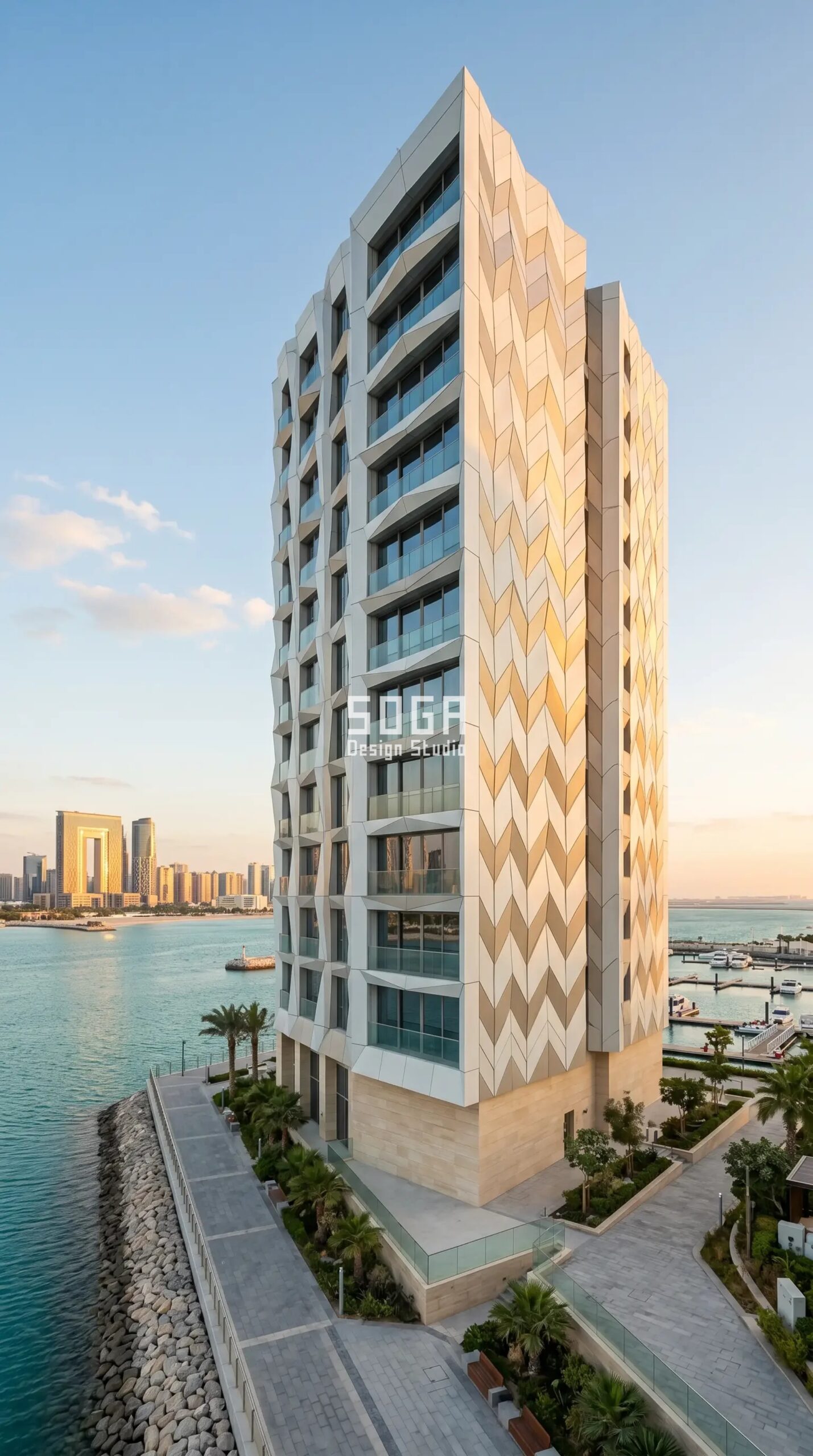 Parametric Chevron Fold pearl-white aluminium residential facade Abu Dhabi - SOGA Design Studio