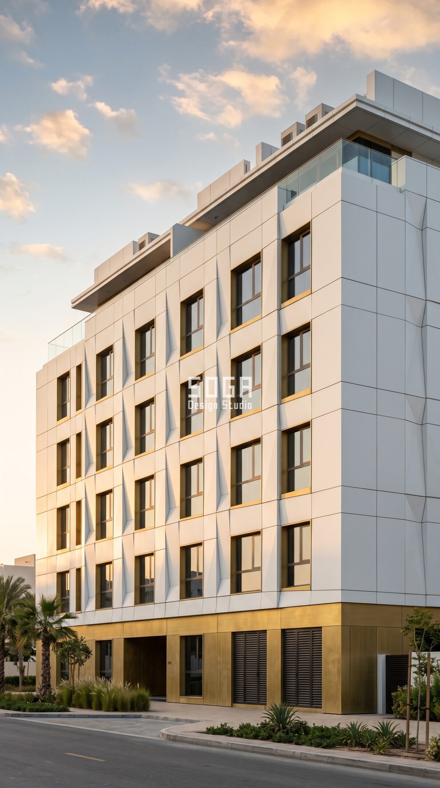 Apartment Facade Design: India, Dubai & Singapore 2026 6 Parametric Chamfer Panel pearl-white aluminium residential facade Abu Dhabi - SOGA Design Studio