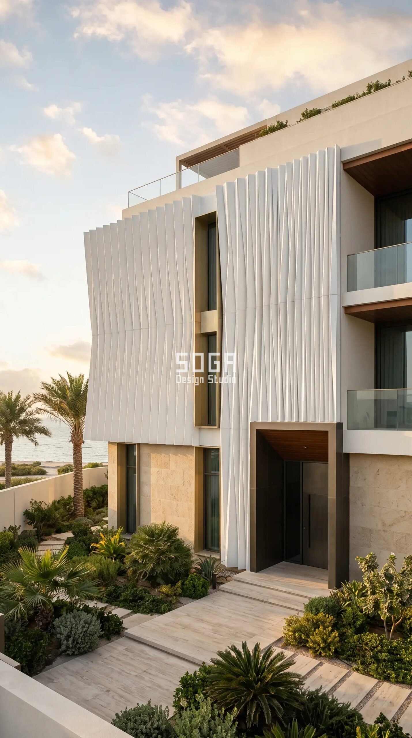 Villa Facade Design: India, Dubai & Singapore 2026 Guide 4 Parametric Pleat Screen pearl-white aluminium coastal villa facade Abu Dhabi UAE - SOGA Design Studio