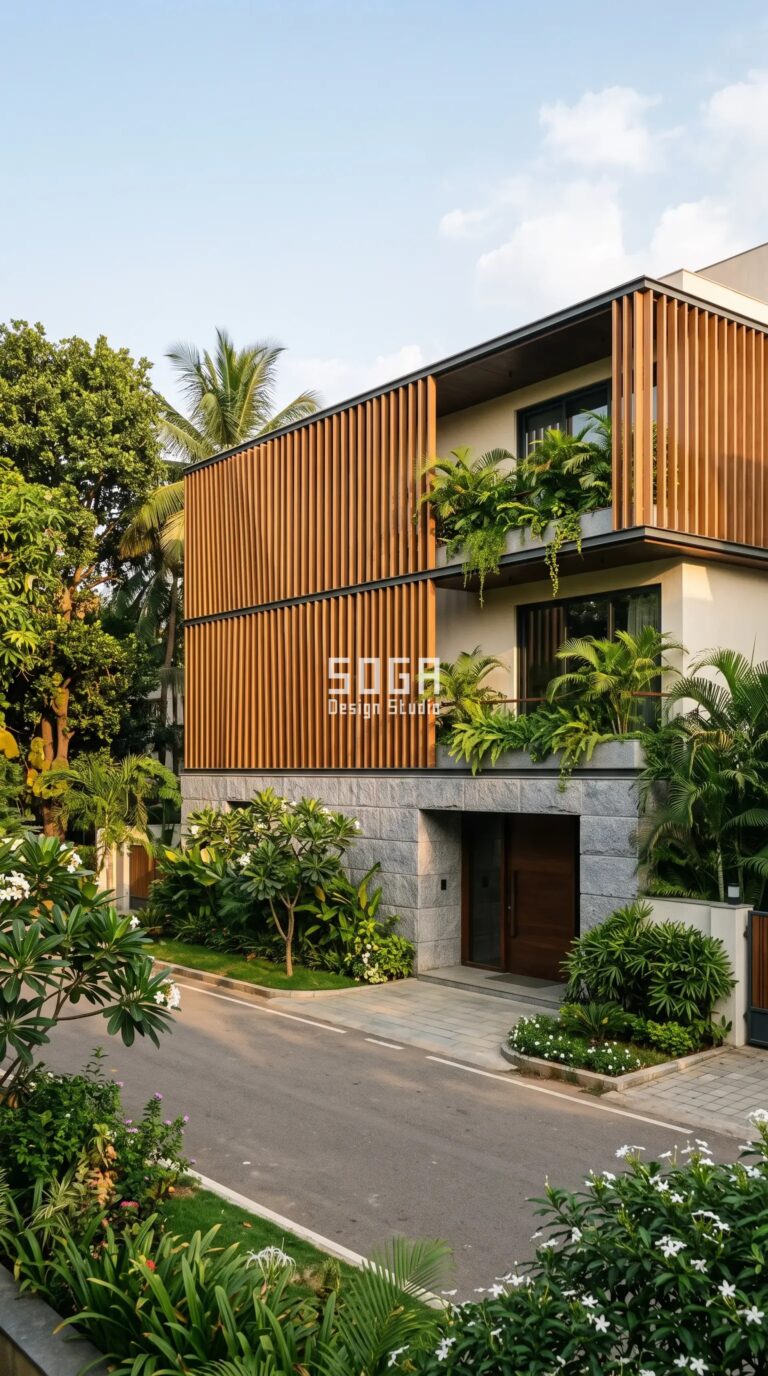 Luxury Villa Facade Design: India, Dubai & Singapore 2026 2 Parametric Reed Louvre teak-finish aluminium luxury villa facade Bangalore - SOGA Design Studio