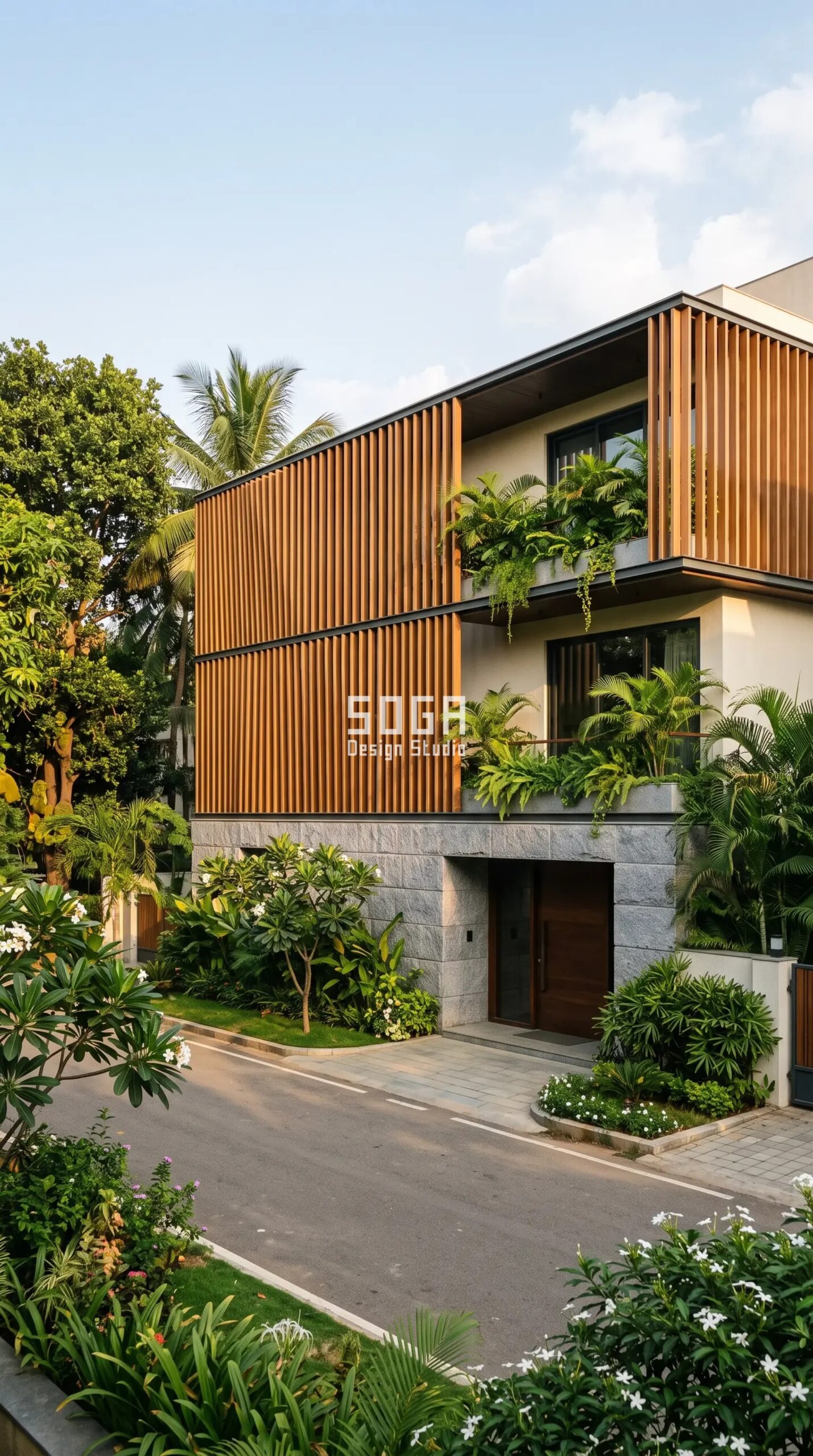 Luxury Villa Facade Design: India, Dubai & Singapore 2026 5 Parametric Reed Louvre teak-finish aluminium luxury villa facade Bangalore - SOGA Design Studio