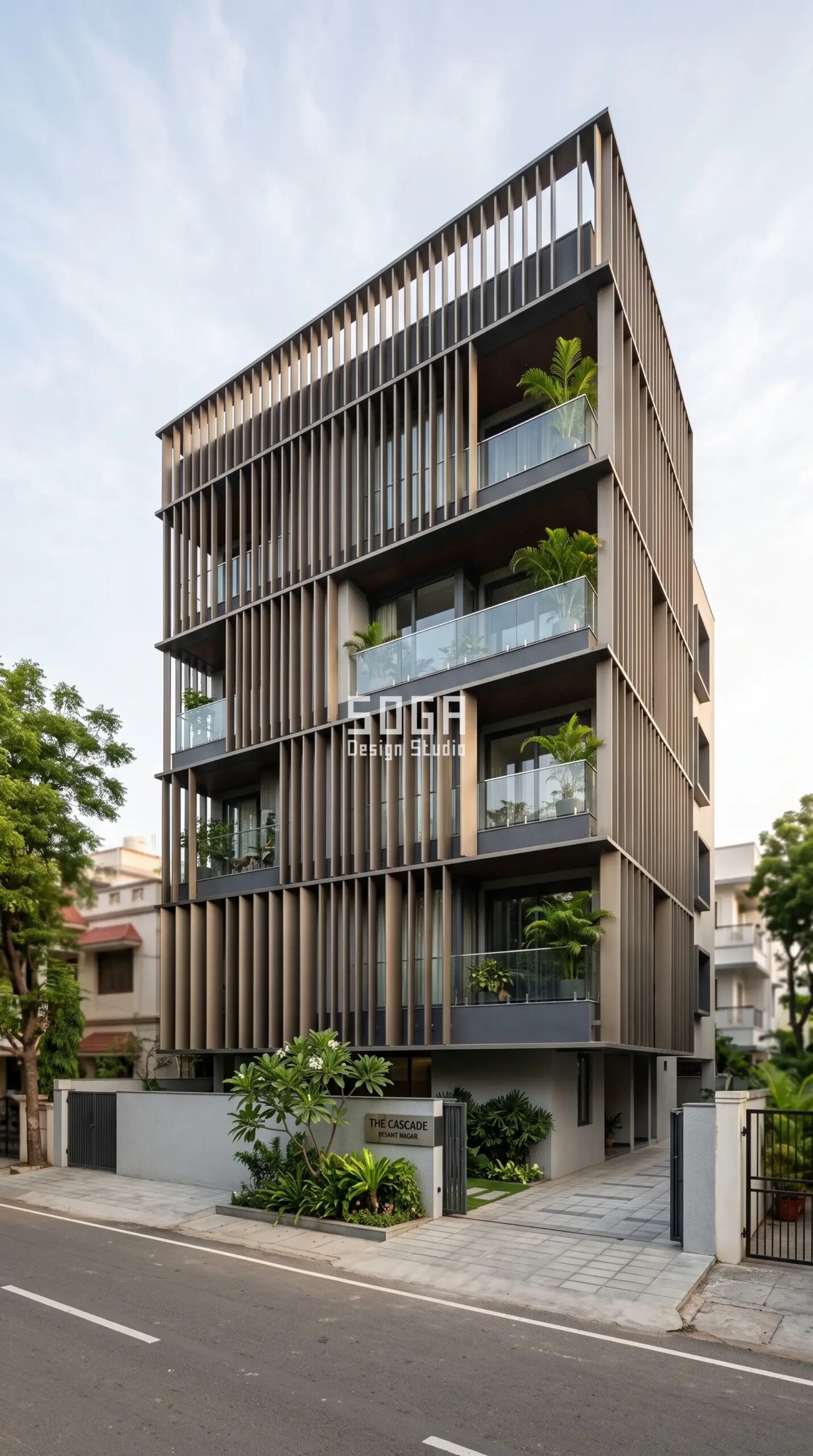 Residential Facade Design in India 2026: 4 Parametric Ideas 7 Parametric Cascade Weave smoky bronze aluminium residential facade Chennai - SOGA Design Studio