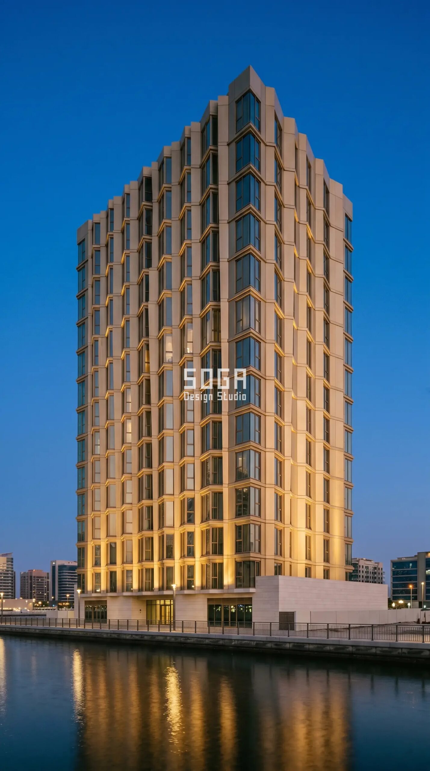 Parametric Oriel Bay champagne-gold aluminium residential facade Dubai - SOGA Design Studio