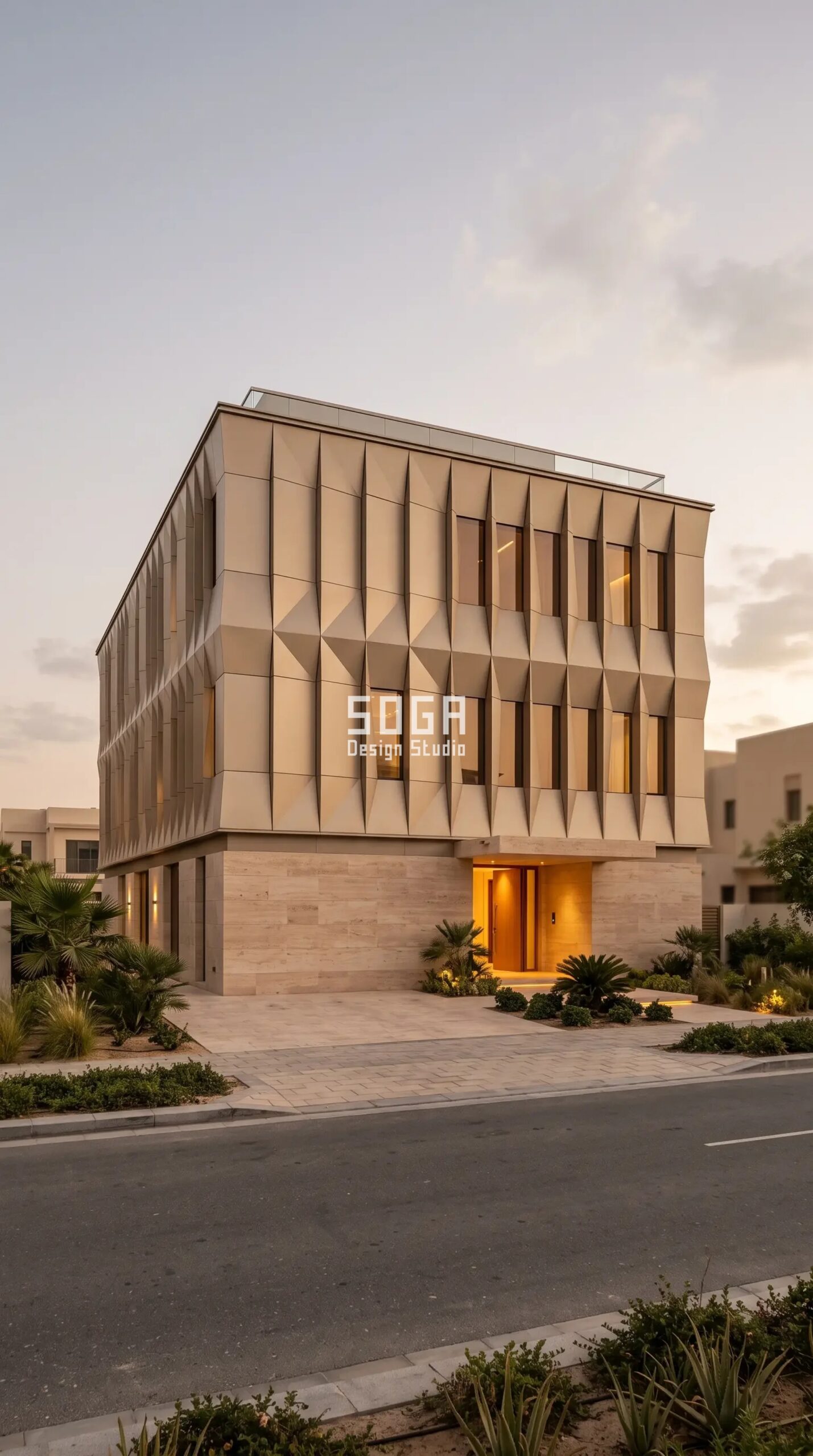 Luxury Villa Facade Design: India, Dubai & Singapore 2026 4 Parametric Dune Fold champagne aluminium luxury villa facade Dubai Hills - SOGA Design Studio