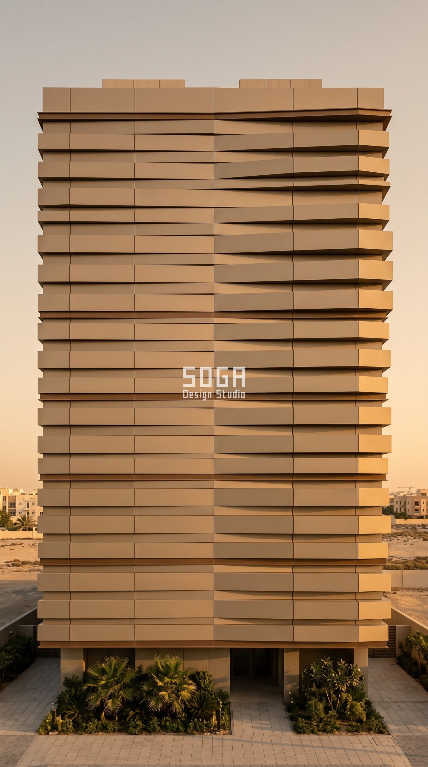 Apartment Facade Design: India, Dubai & Singapore 2026 4 Parametric Pleat Band sand-beige aluminium residential facade Dubai - SOGA Design Studio