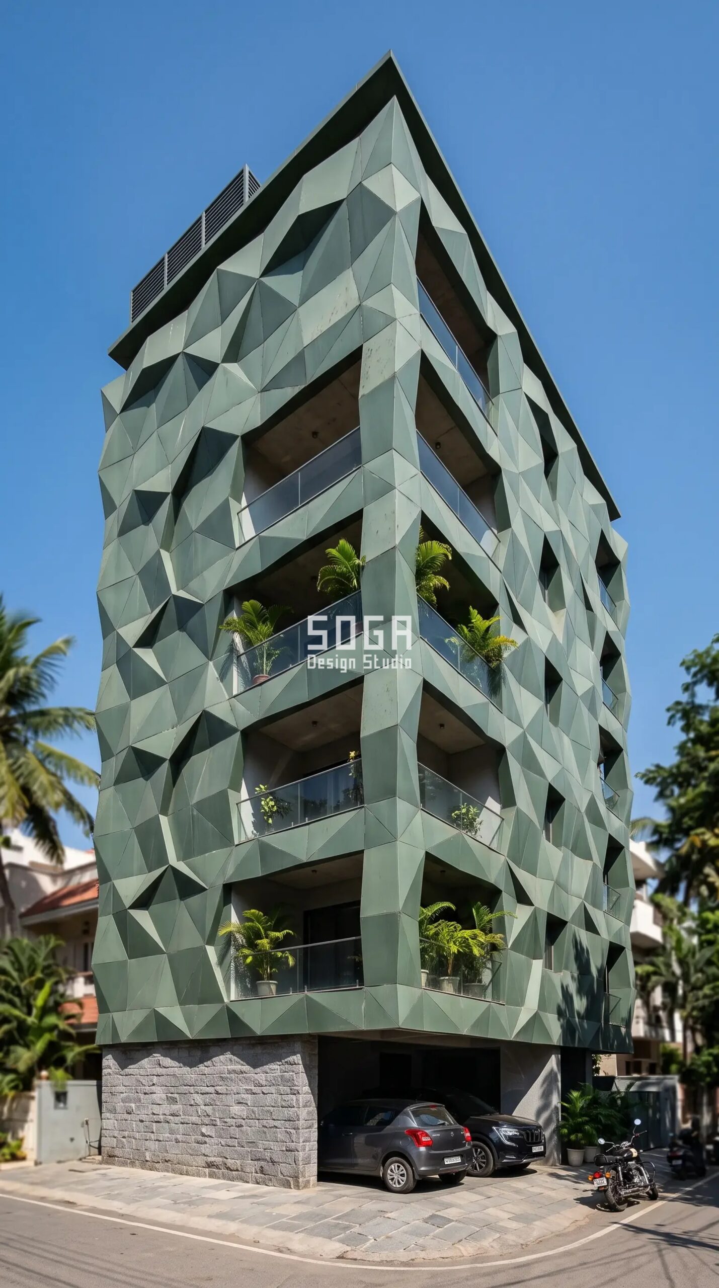 Residential Facade Design in India 2026: 4 Parametric Ideas 3 Parametric Hex Grid sage green steel 3D faceted residential facade Hyderabad - SOGA Design Studio
