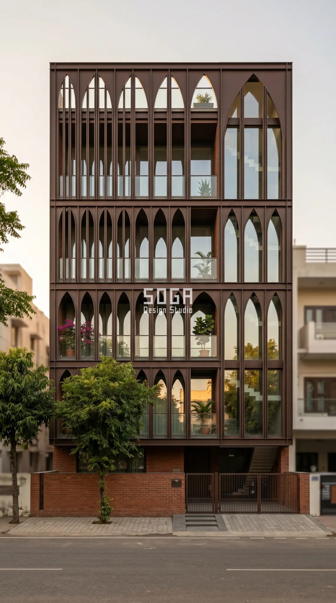 Residential Facade Design in India 2026: 4 Parametric Ideas 2 Parametric Spire Screen chocolate brown steel residential facade Indore - SOGA Design Studio