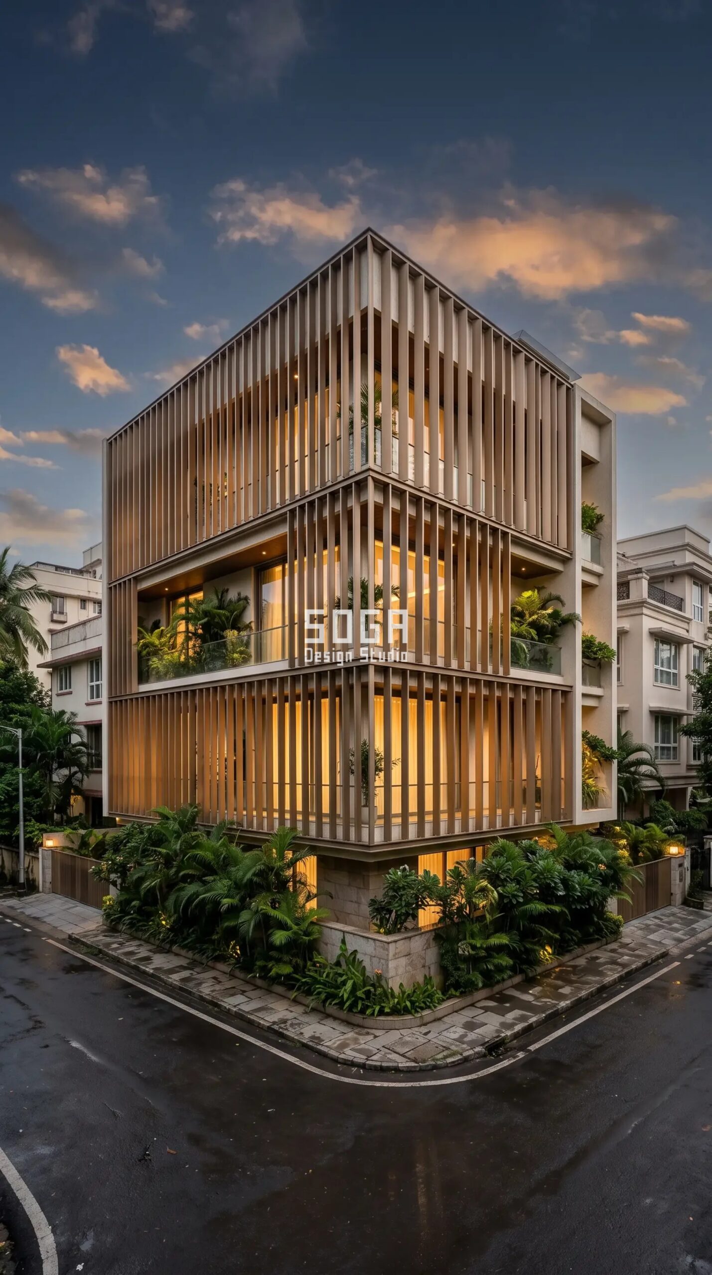 Villa Facade Design: India, Dubai & Singapore 2026 Guide 1 Parametric Cascade Fin champagne-bronze aluminium residential facade Mumbai - SOGA Design Studio