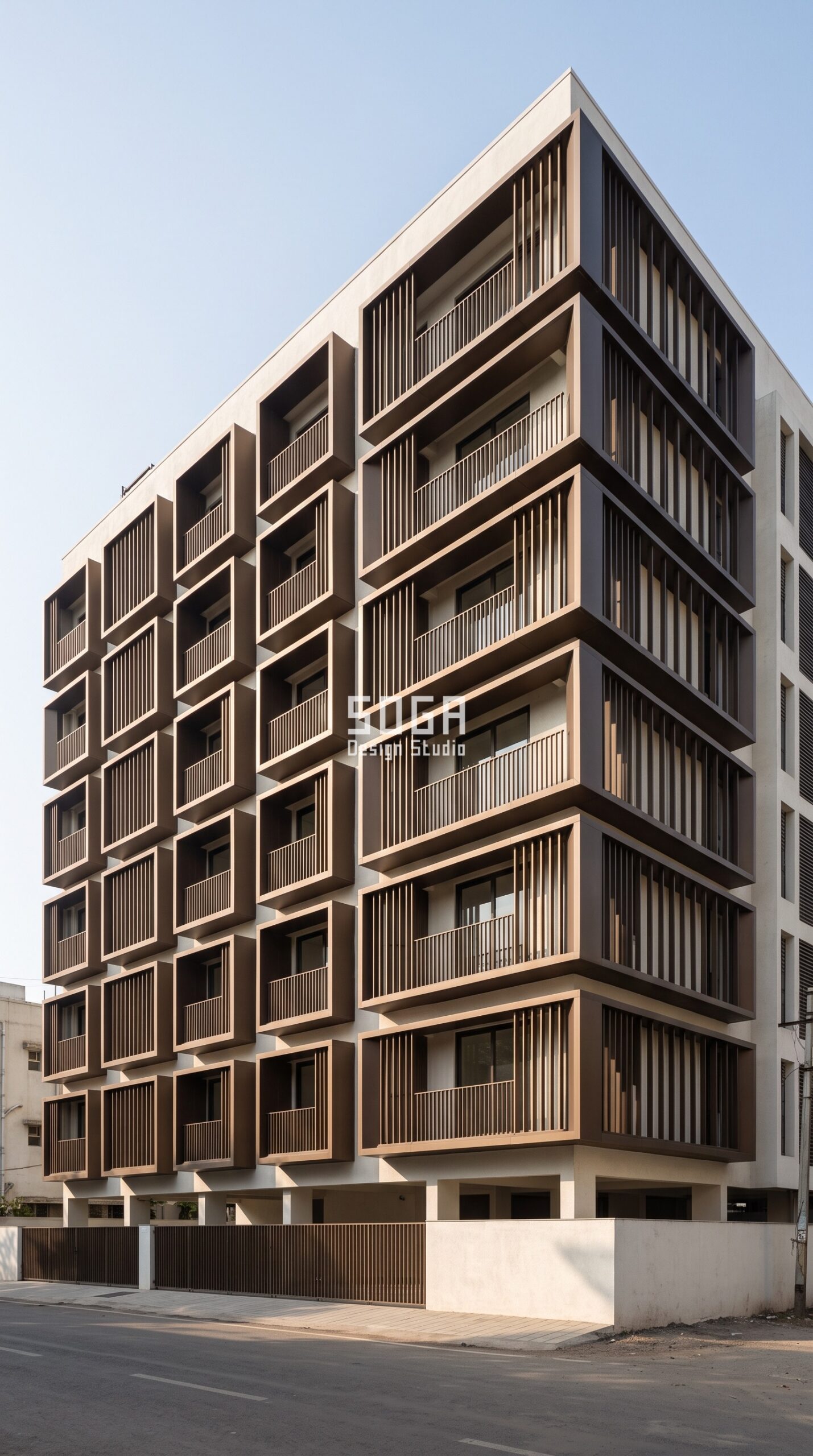 Apartment Facade Design: India, Dubai & Singapore 2026 2 Parametric Reveal Frame deep bronze anodised aluminium residential facade Pune - SOGA Design Studio