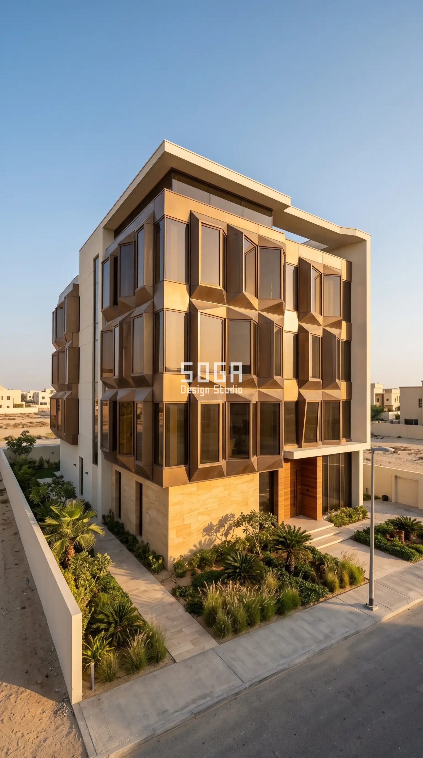 Luxury Villa Facade Design: India, Dubai & Singapore 2026 6 Parametric Prow Bay bronze aluminium luxury villa facade Sharjah - SOGA Design Studio