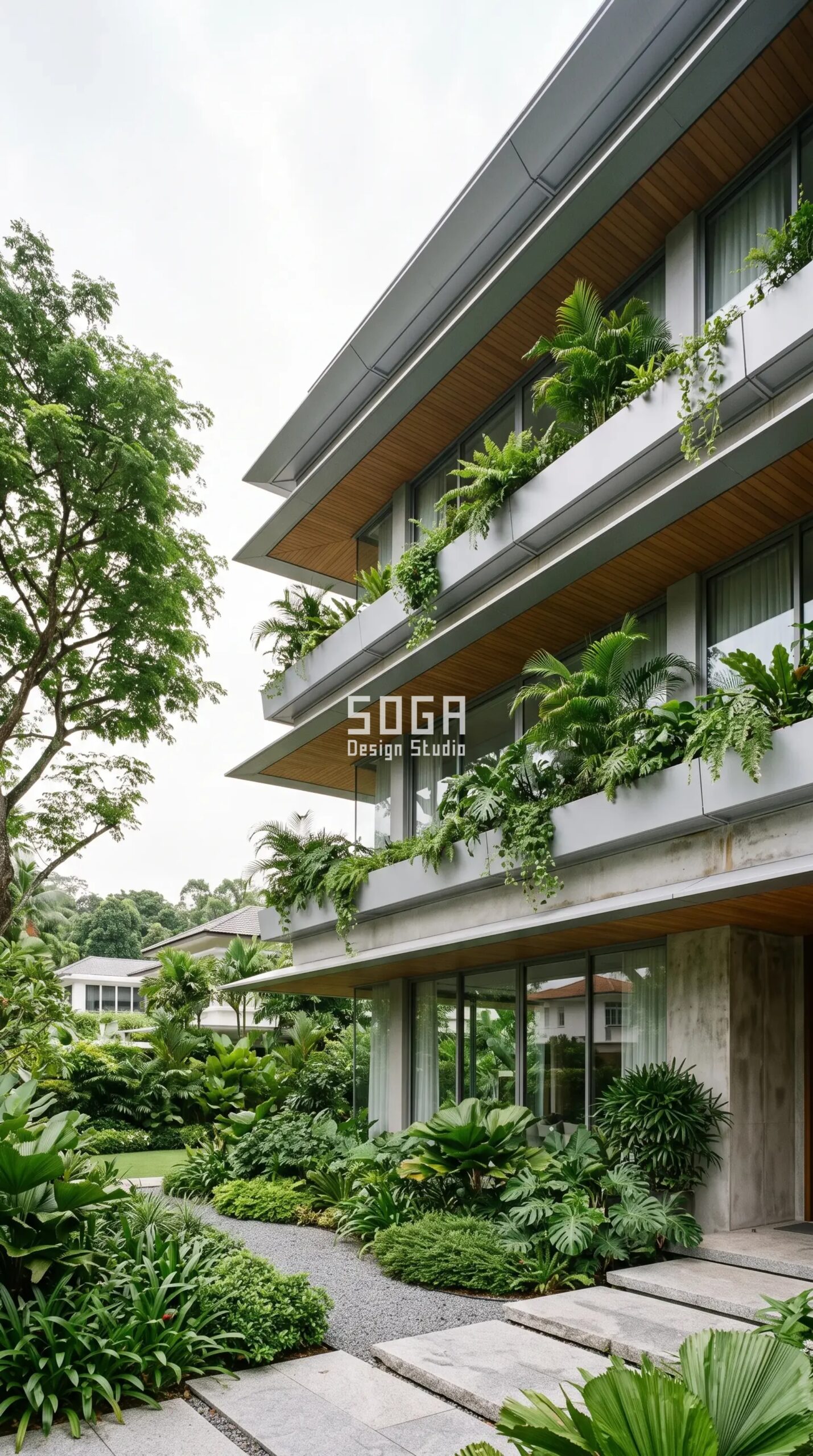 Luxury Villa Facade Design: India, Dubai & Singapore 2026 5 Parametric Canopy Ledge silver aluminium luxury bungalow facade Singapore - SOGA Design Studio
