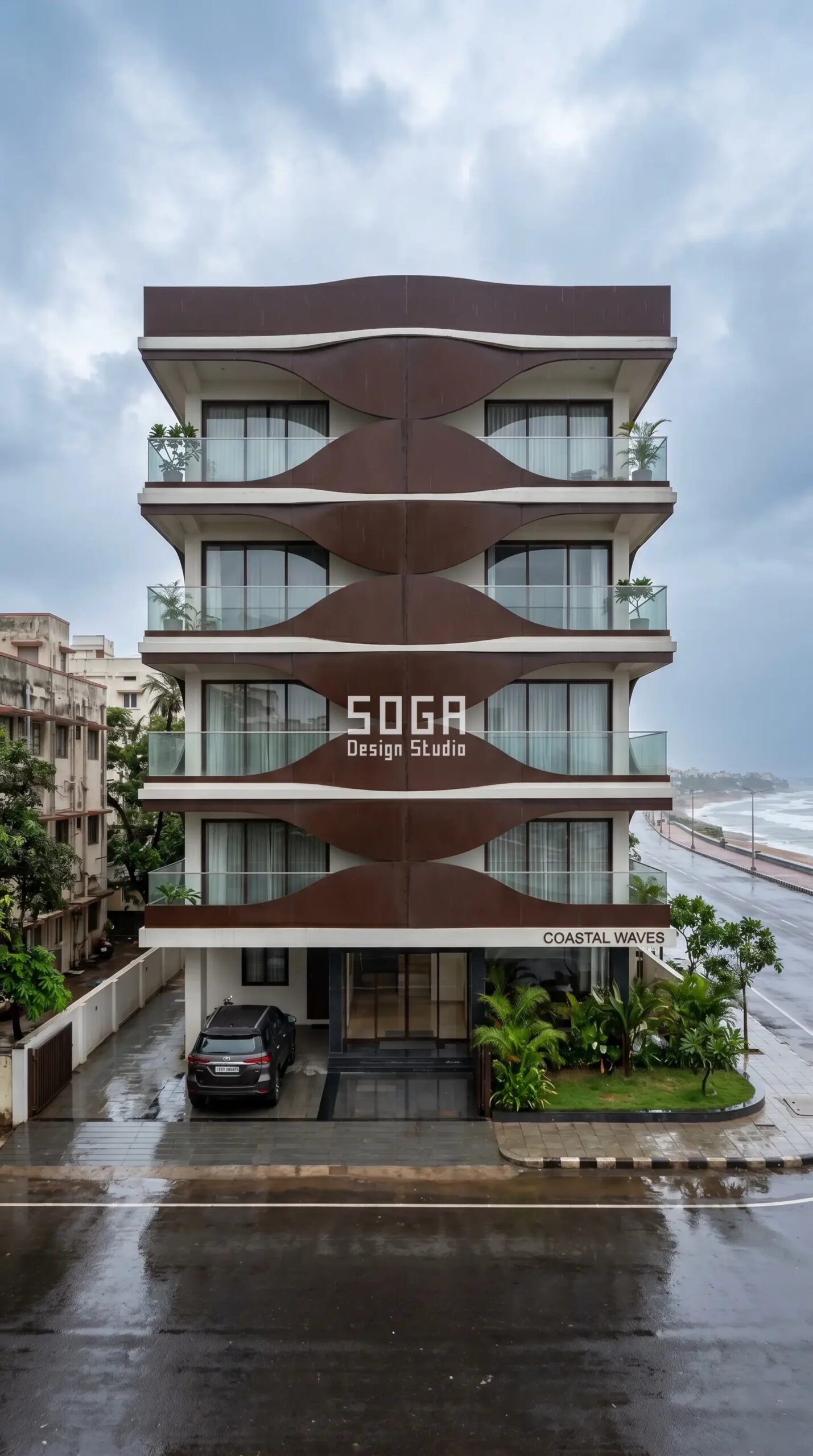 Residential Facade Design in India 2026: 4 Parametric Ideas 4 Parametric Tide Shell chocolate brown steel wave residential facade Visakhapatnam - SOGA Design Studio