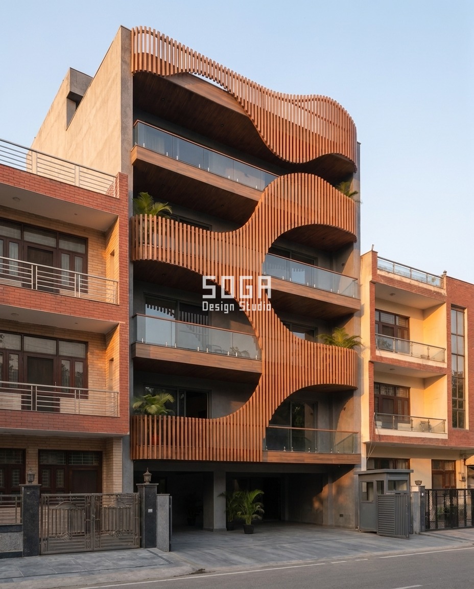 Wooden louver facade G+4 residential building street view Delhi NCR - SOGA Design Studio