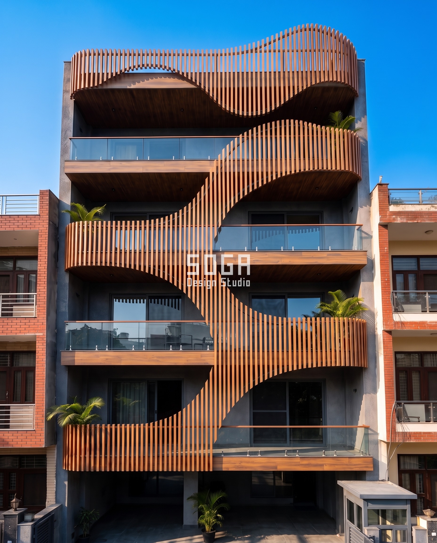 Curved wooden louver ribbon balcony facade frontal elevation G+4 India - SOGA Design Studio
