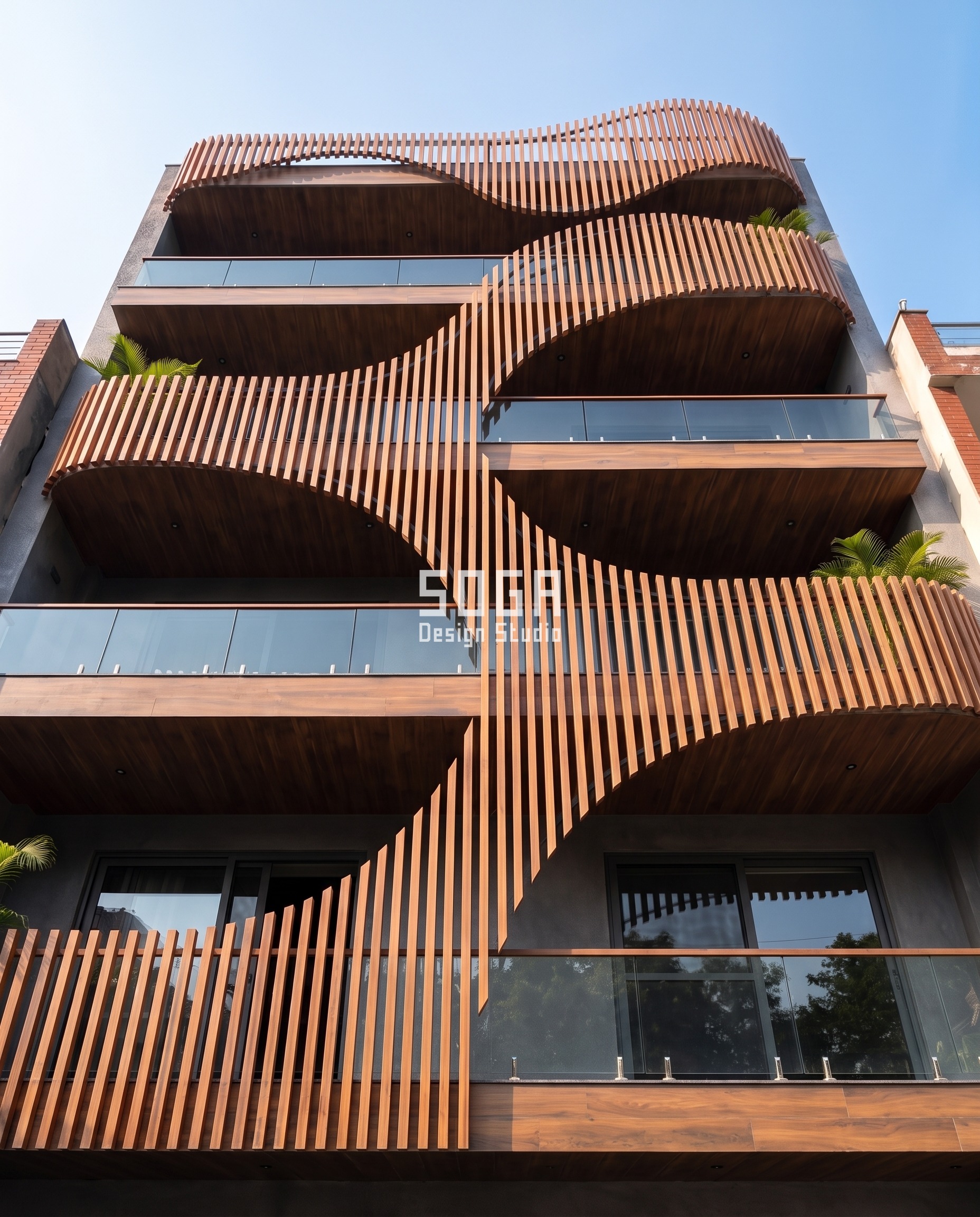 Low angle view of curved wooden fin louver facade construction detail India - SOGA Design Studio