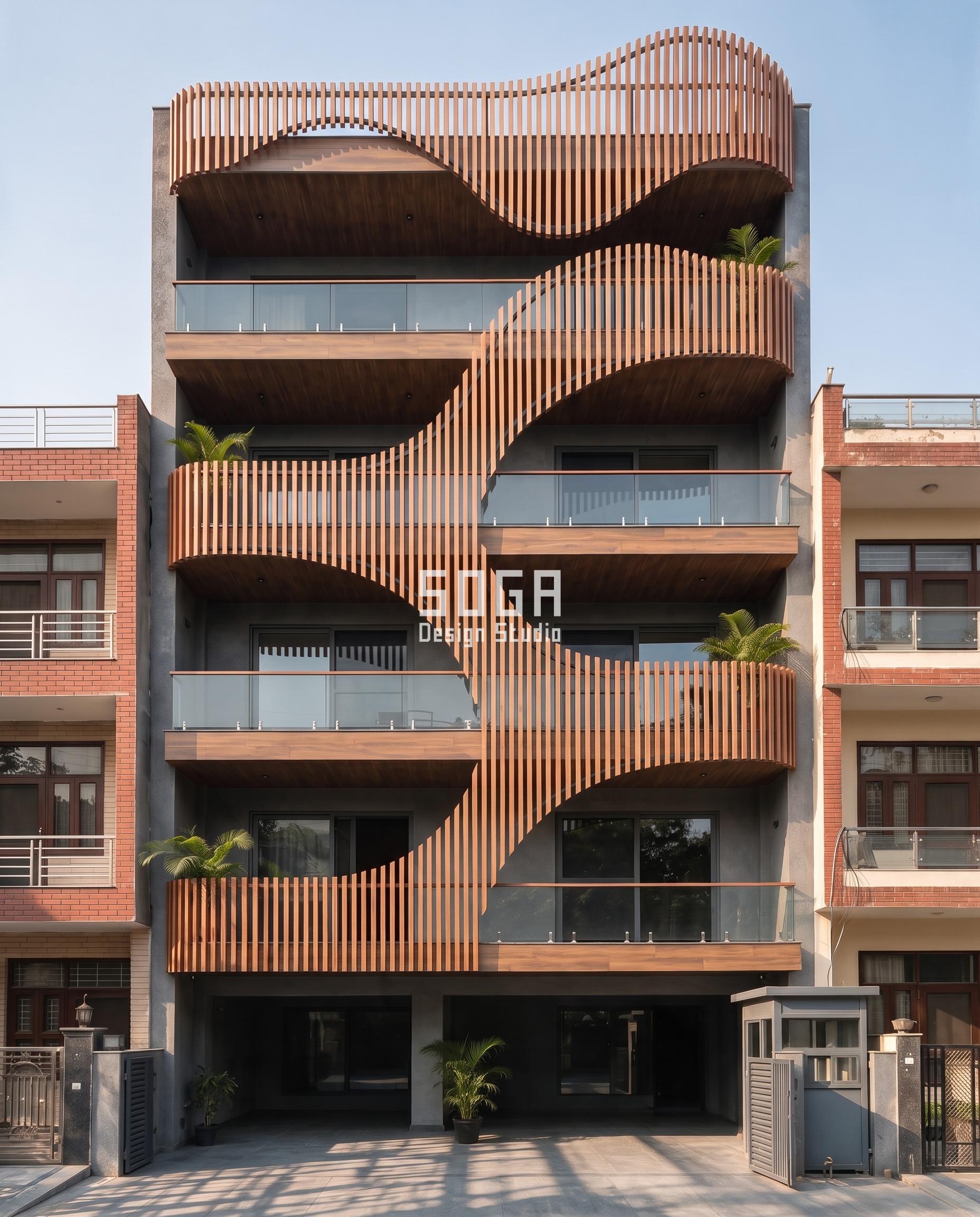 Wooden louver balcony facade afternoon shading Indian residential building - SOGA Design Studio