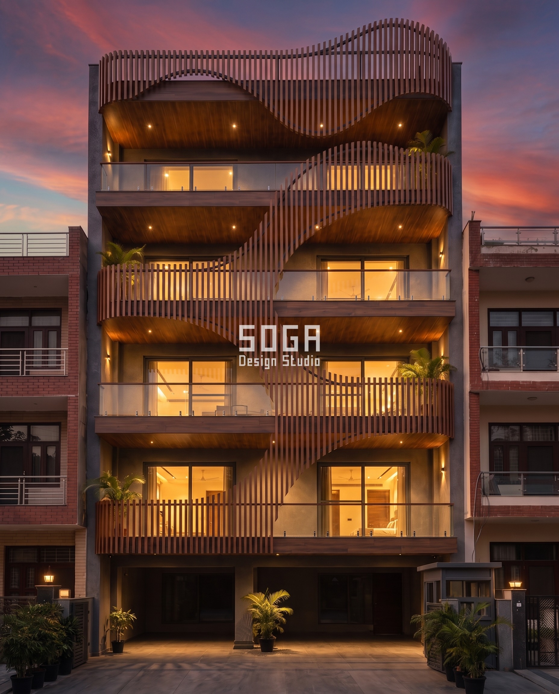 Wooden louver facade at night with warm balcony lighting Indian home - SOGA Design Studio